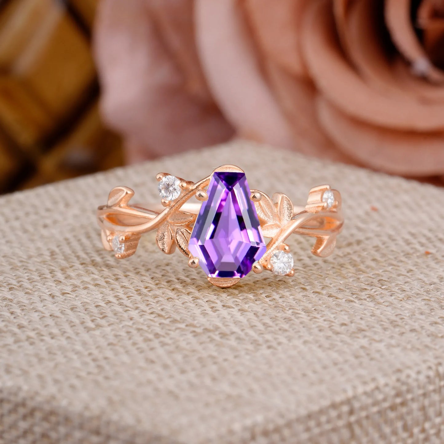 Nature Inspired 4 Prong Coffin-Cut Natural Amethyst Engagement Ring