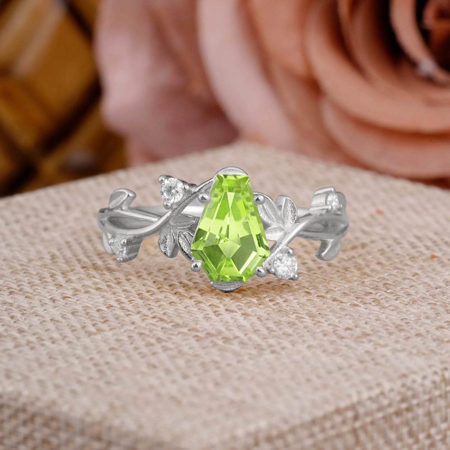 Nature Inspired 4 Prong Coffin-Cut Peridot Engagement Ring