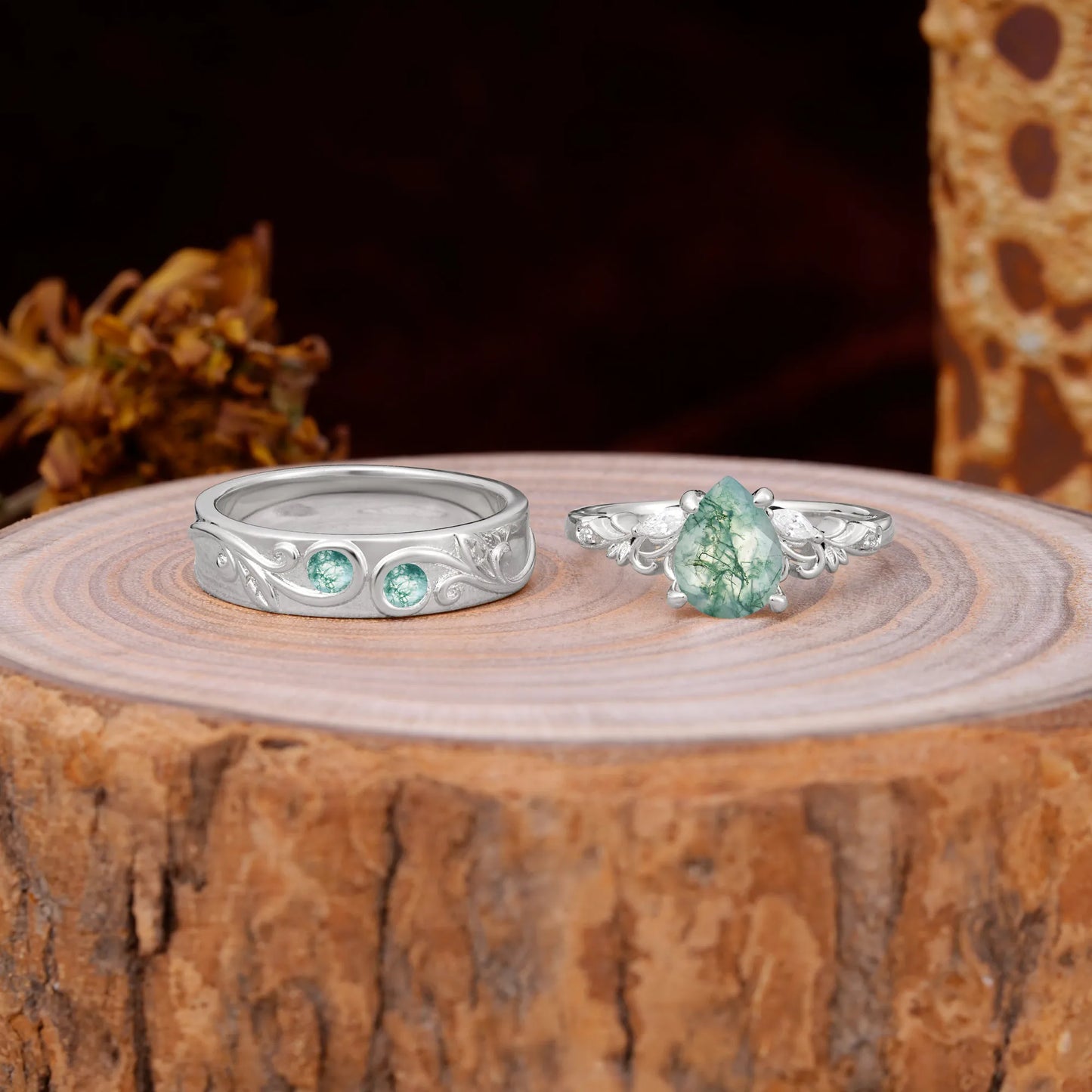 Nature Inspired Luxurious 4-Prong Pear-Cut Moss Agate Engagement Couple Rings