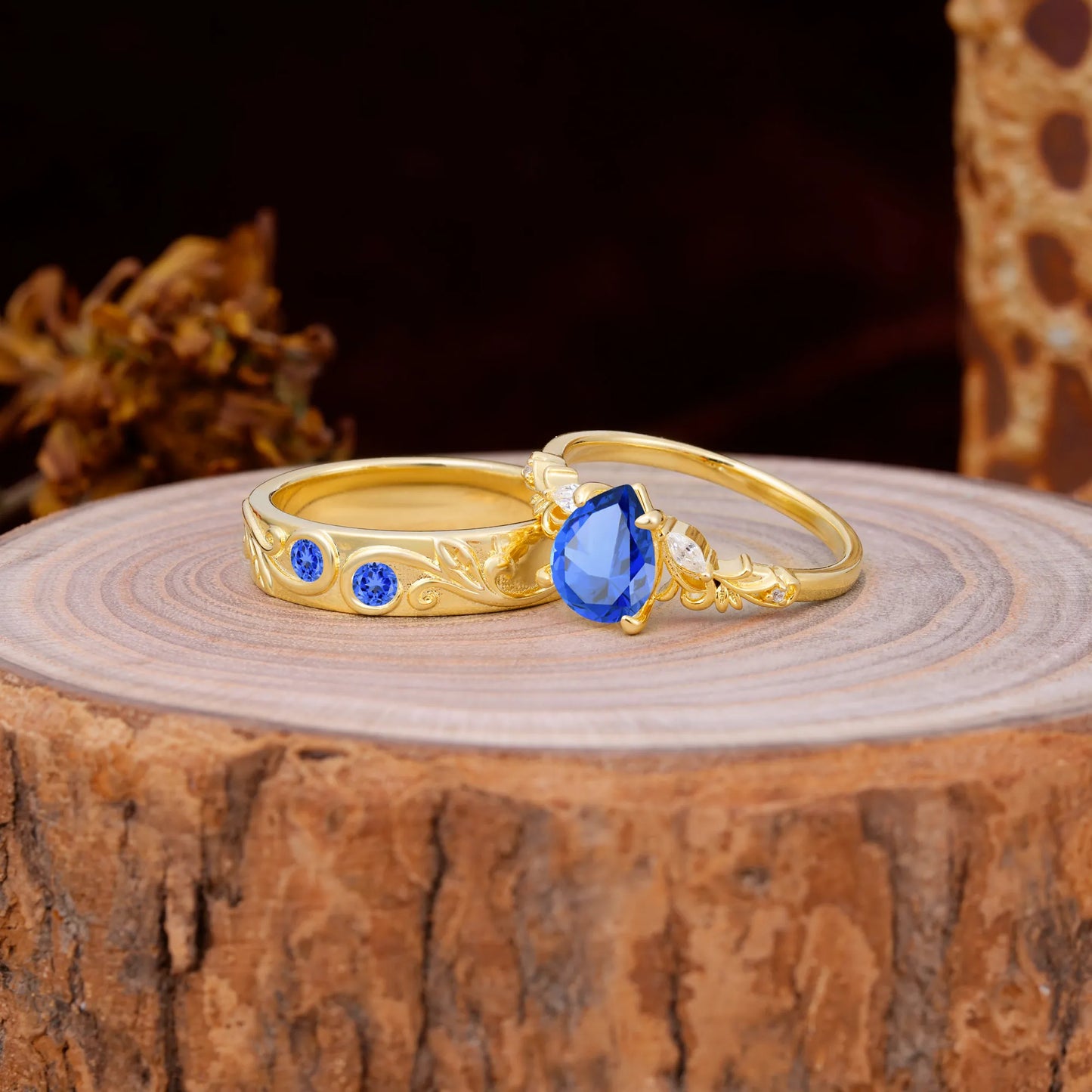 Nature Inspired Luxurious 4-Prong Pear-Cut Sapphire Engagement Couple Rings