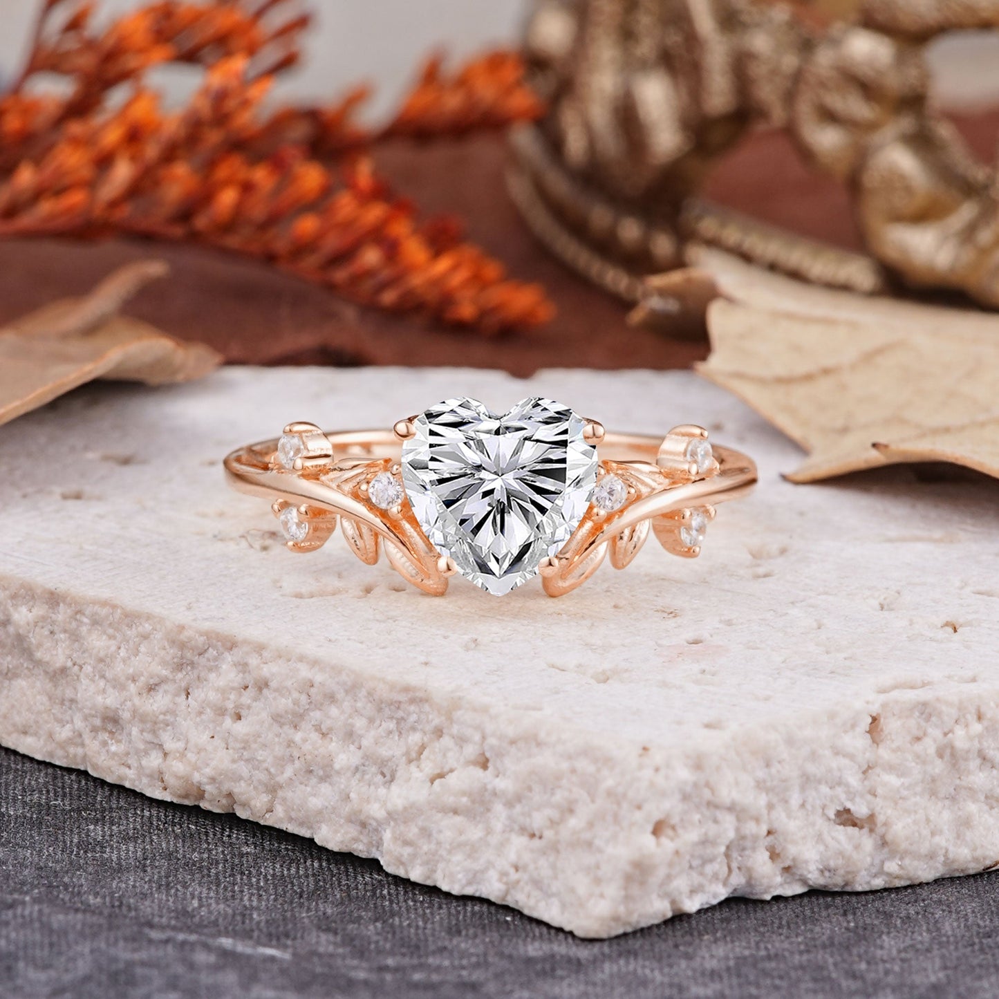 Nature Inspired 4 Prong Heart Shaped Lab Diamond Engagement Ring