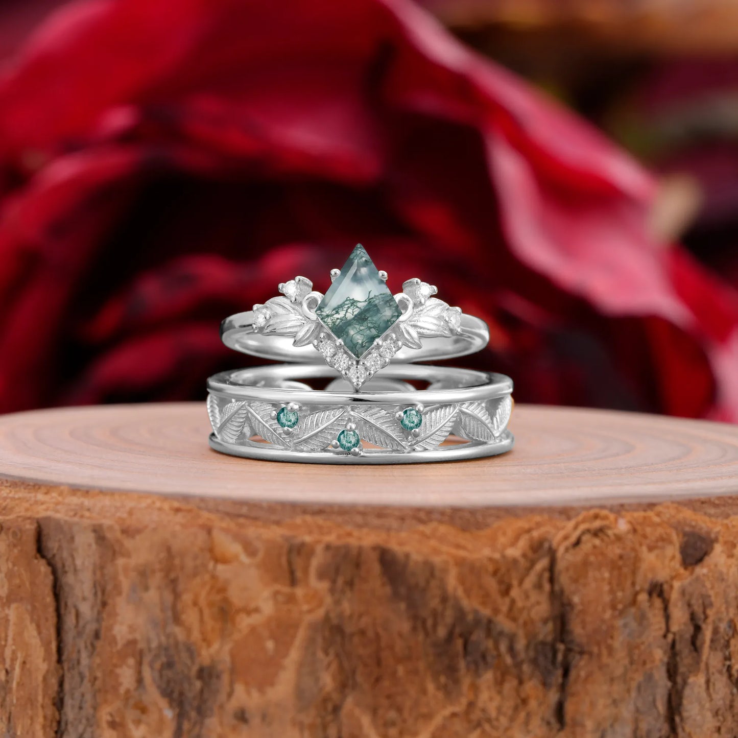 Nature-Inspired 4-Prong Kite-Cut Moss Agate Engagement Couple Rings