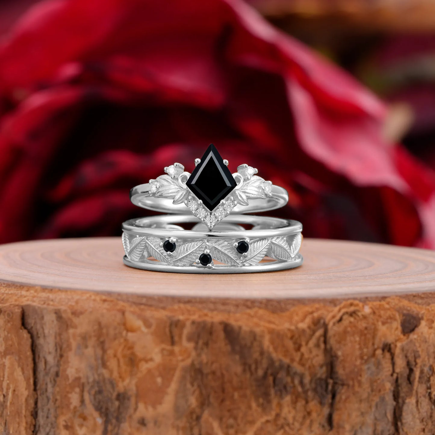 Nature-Inspired 4-Prong Kite-Cut Black Onyx Engagement Couple Rings