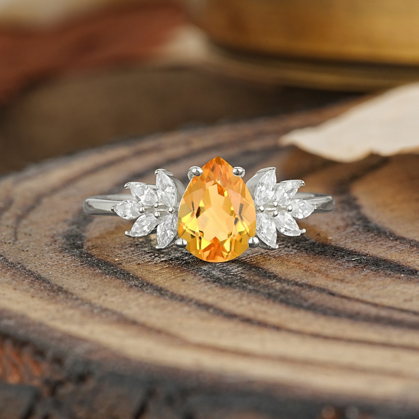 Vintage Floral Pear Cut Citrine Engagement Ring