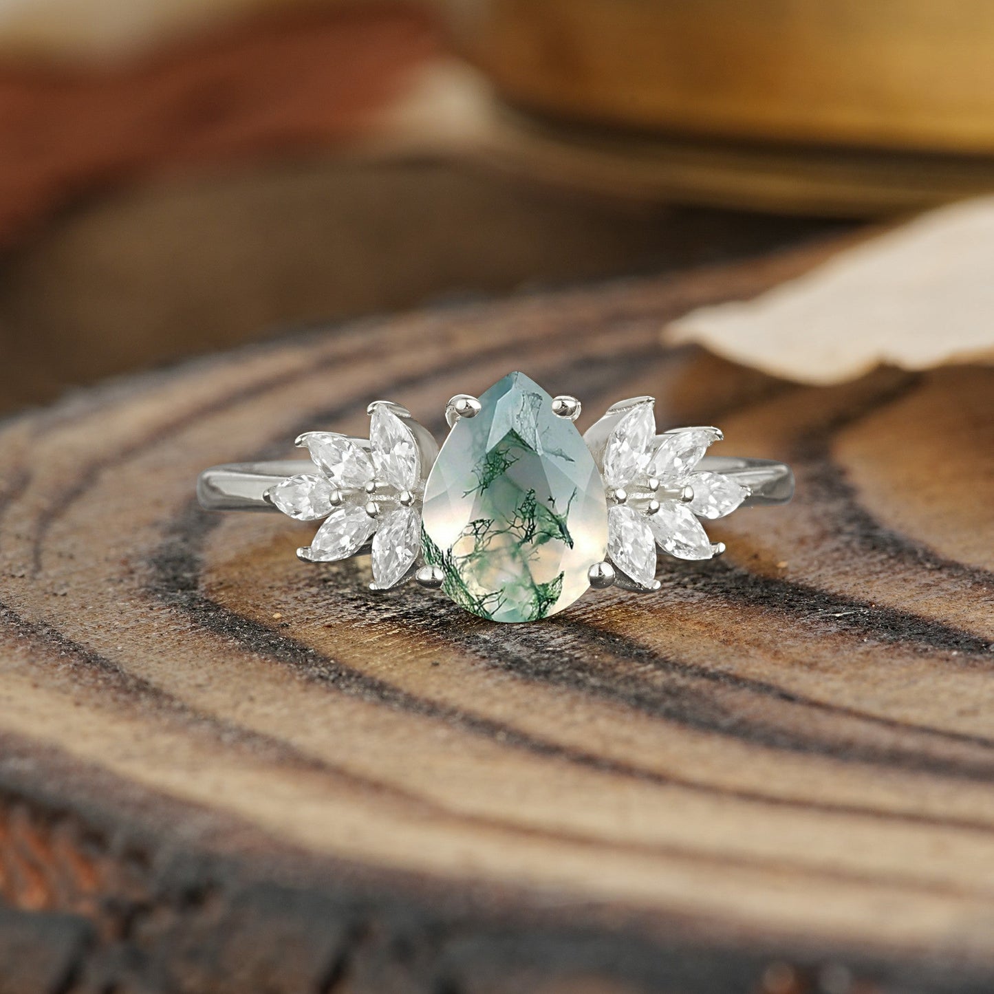 Vintage Floral Pear Cut Moss Agate Engagement Ring