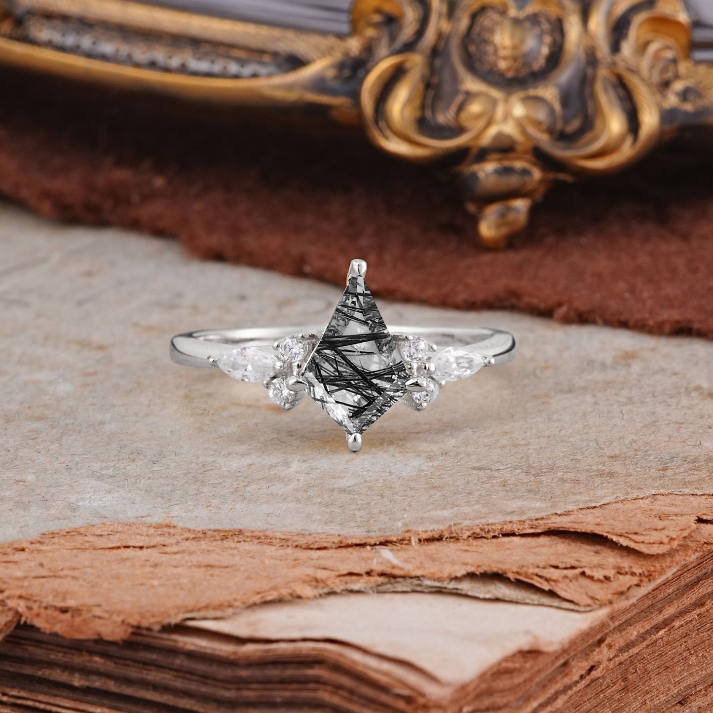 Classic 4 Prong Kite Cut Black Rutilated Quartz Engagement Ring