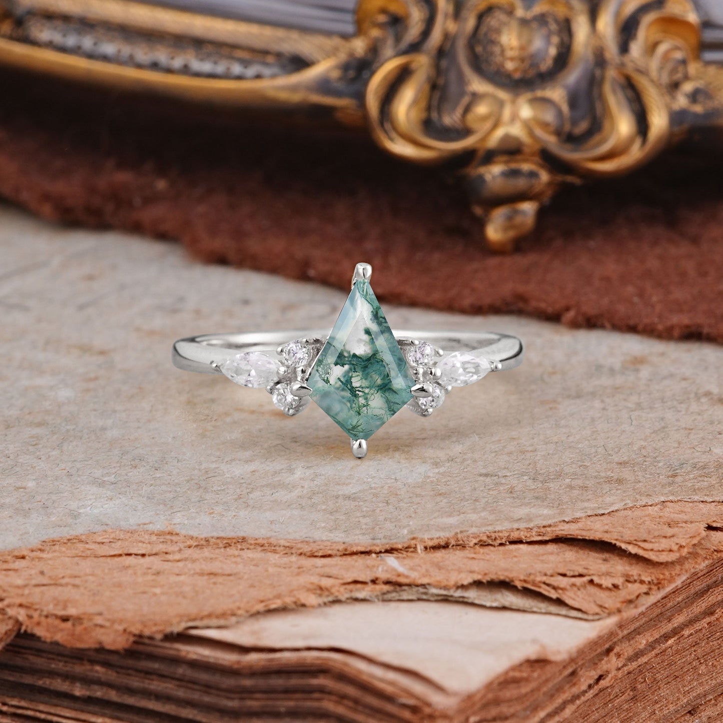 Classic 4 Prong Kite Cut Moss Agate Engagement Ring