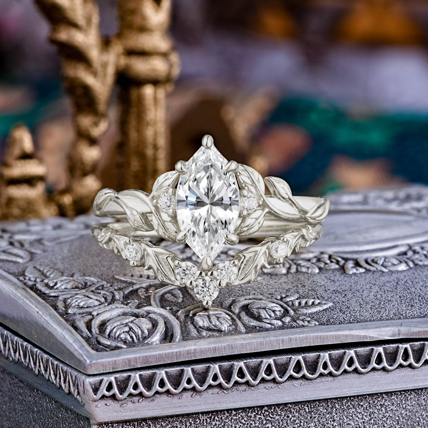 Customer-Made-Nature-Inspired 6 Prong 1.5ct Marquise Lab Diamond Bridal Ring Set with Vine Motif
