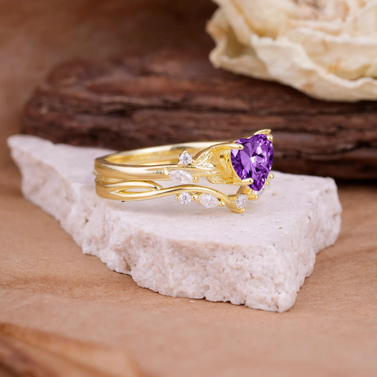 4-Prong Nature-Inspired Heart-Cut Natural Amethyst Engagement Ring Set