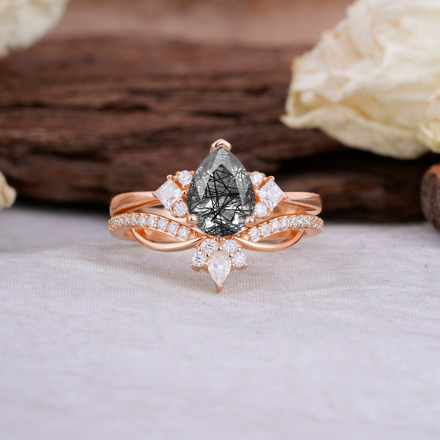 Fashion-Forward Luxury Pear-Cut Black Rutilated Quartz Bridal Ring Set