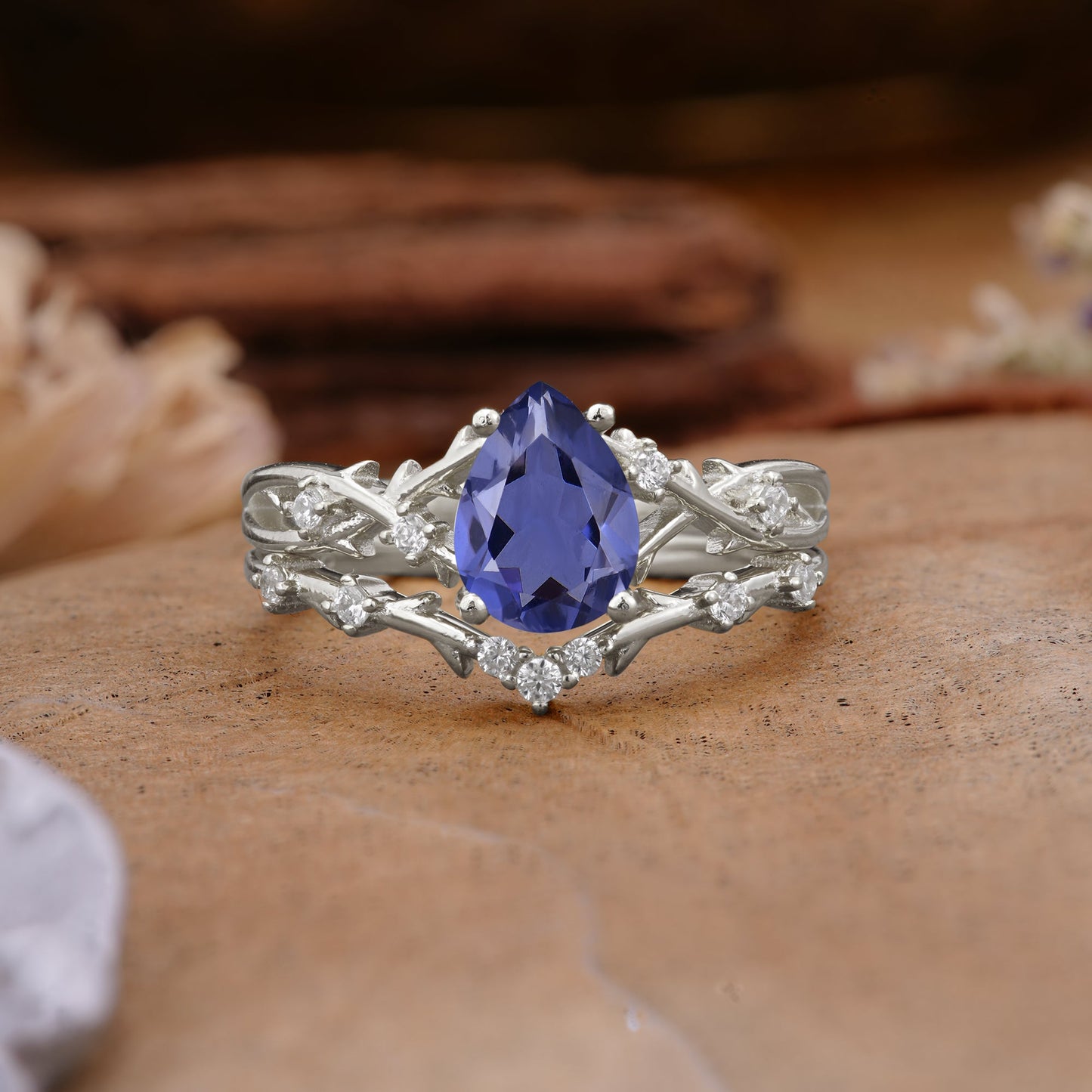 Nature-Inspired Pear-Cut Tanzanite Bridal Ring Set