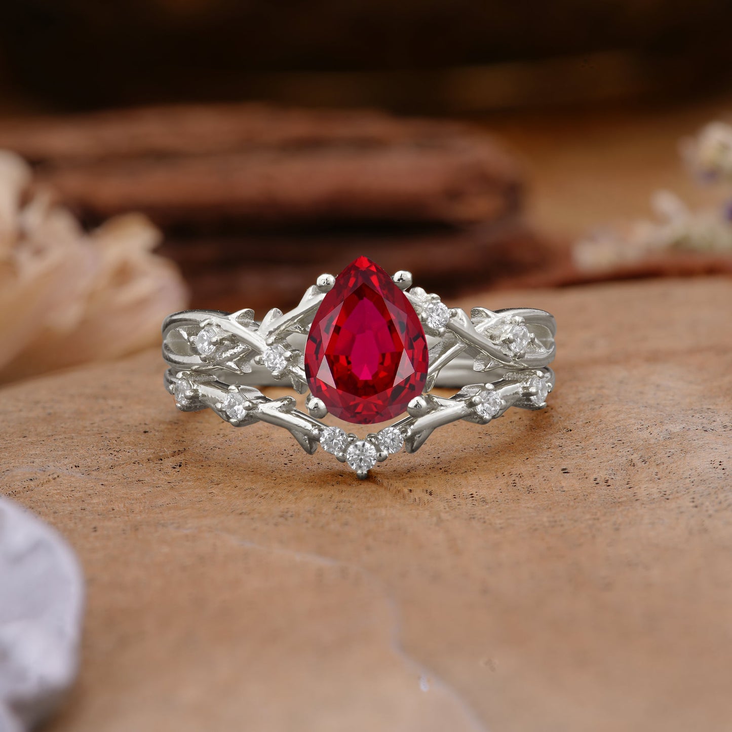 Nature-Inspired Pear-Cut Ruby Bridal Ring Set