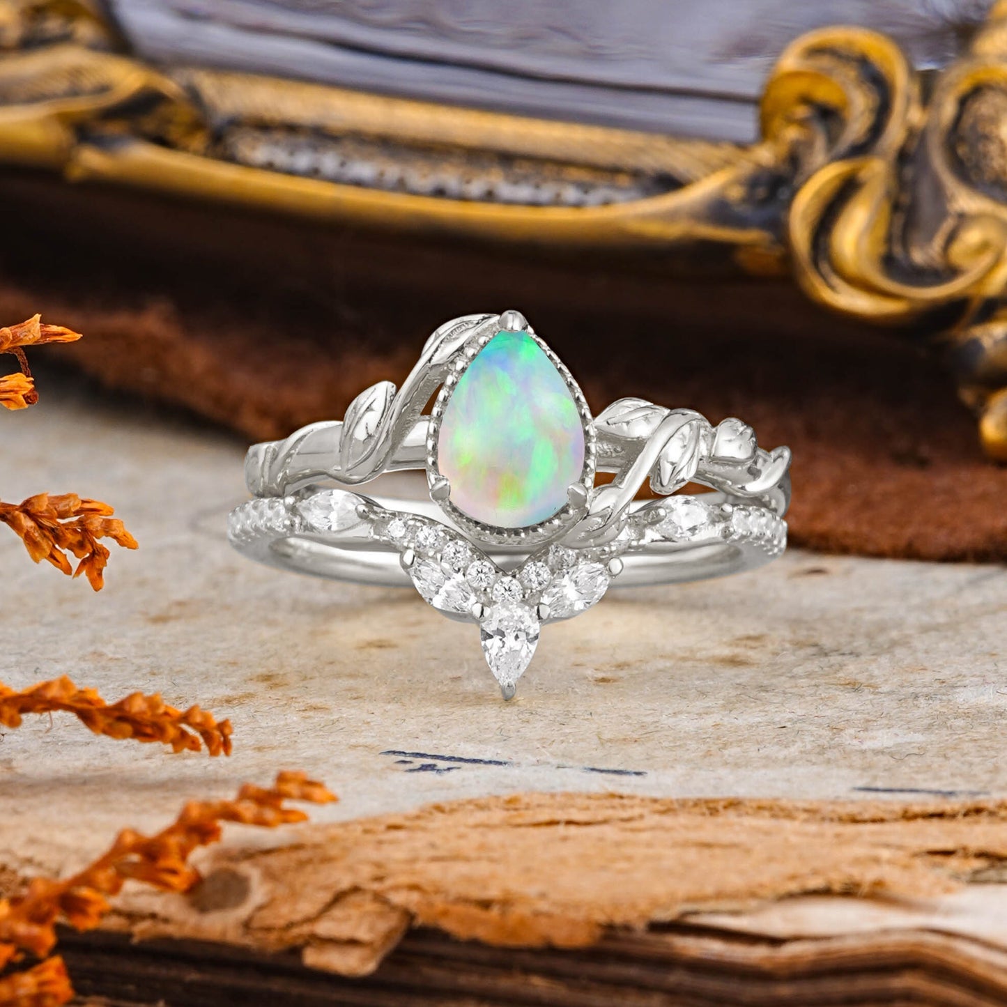 Timeless Pear Cut Opal Bridal Ring Set for Her