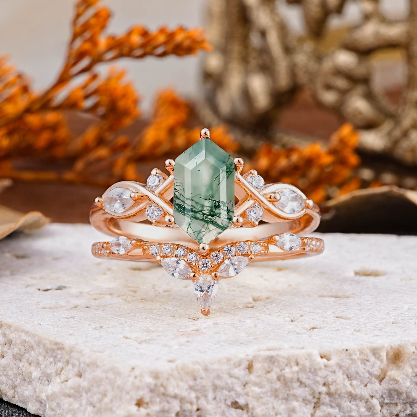 Customer-Made The Graceful Hexagon - Cut 6 Prong Natural 3CT Moss Agate Engagement Ring