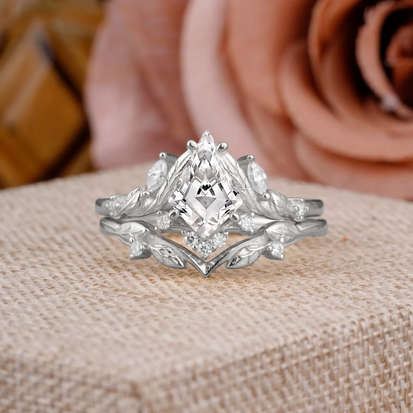 Nature Inspired The Dreamy Kite- Cut Lab Diamond with Fantasy Leaf Gold Ring Set