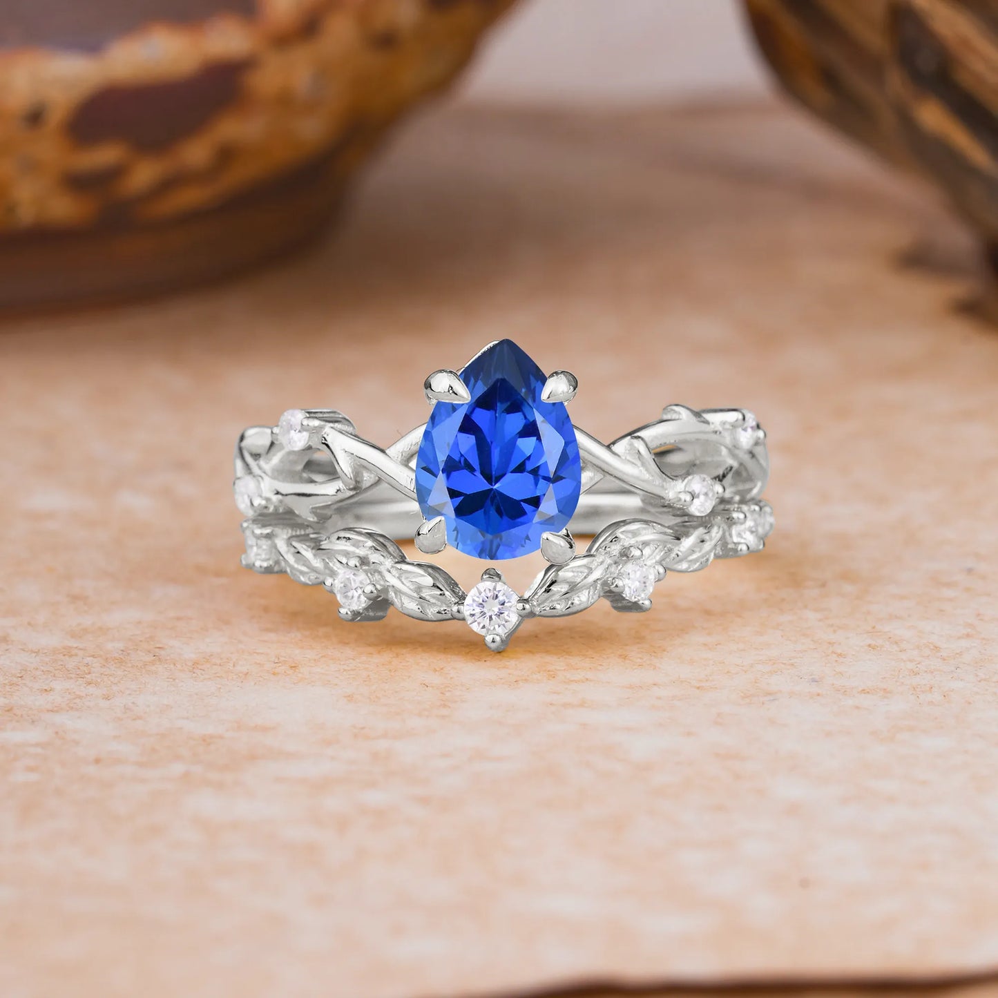 Woodland Style 6 Prong Pear Shaped Sapphire Wedding Ring