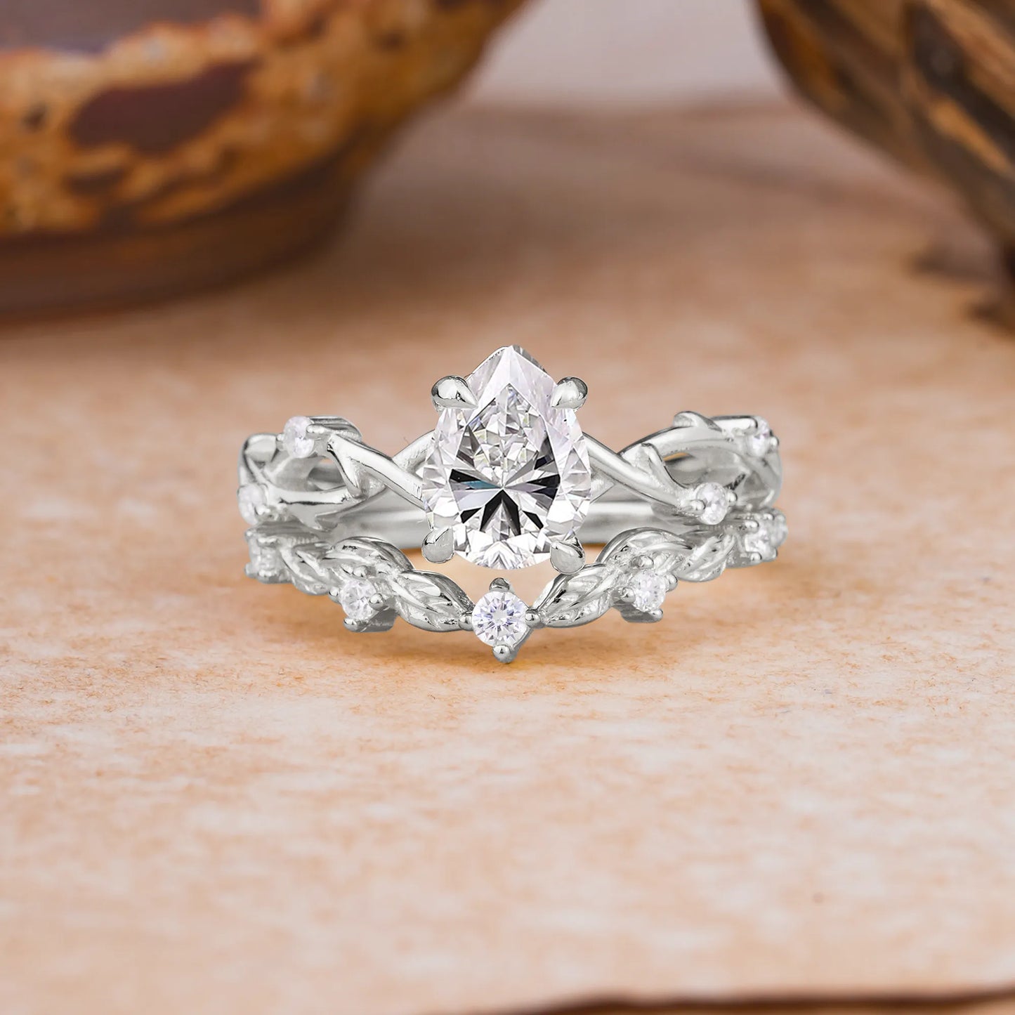 Woodland Style 6 Prong Pear Shaped Lab Diamond Wedding Ring