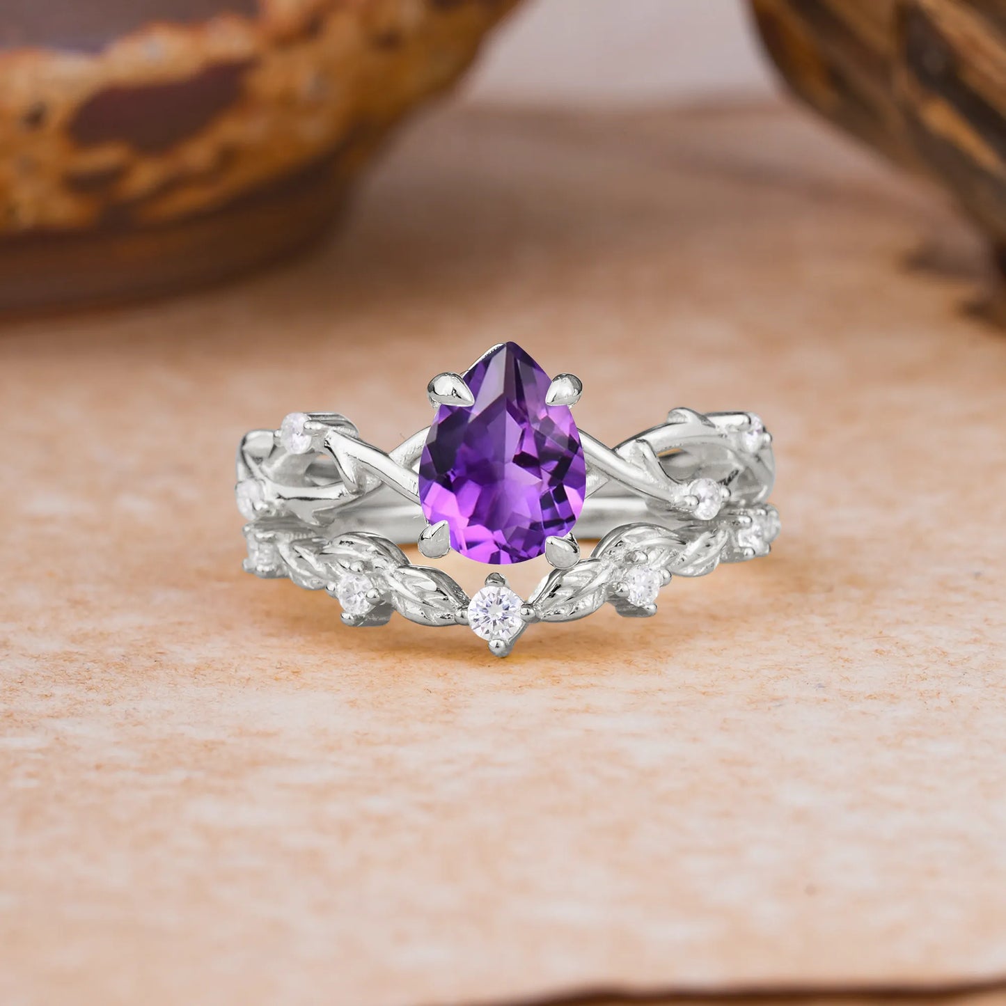 Woodland Style 6 Prong Pear Shaped Amethyst Wedding Ring