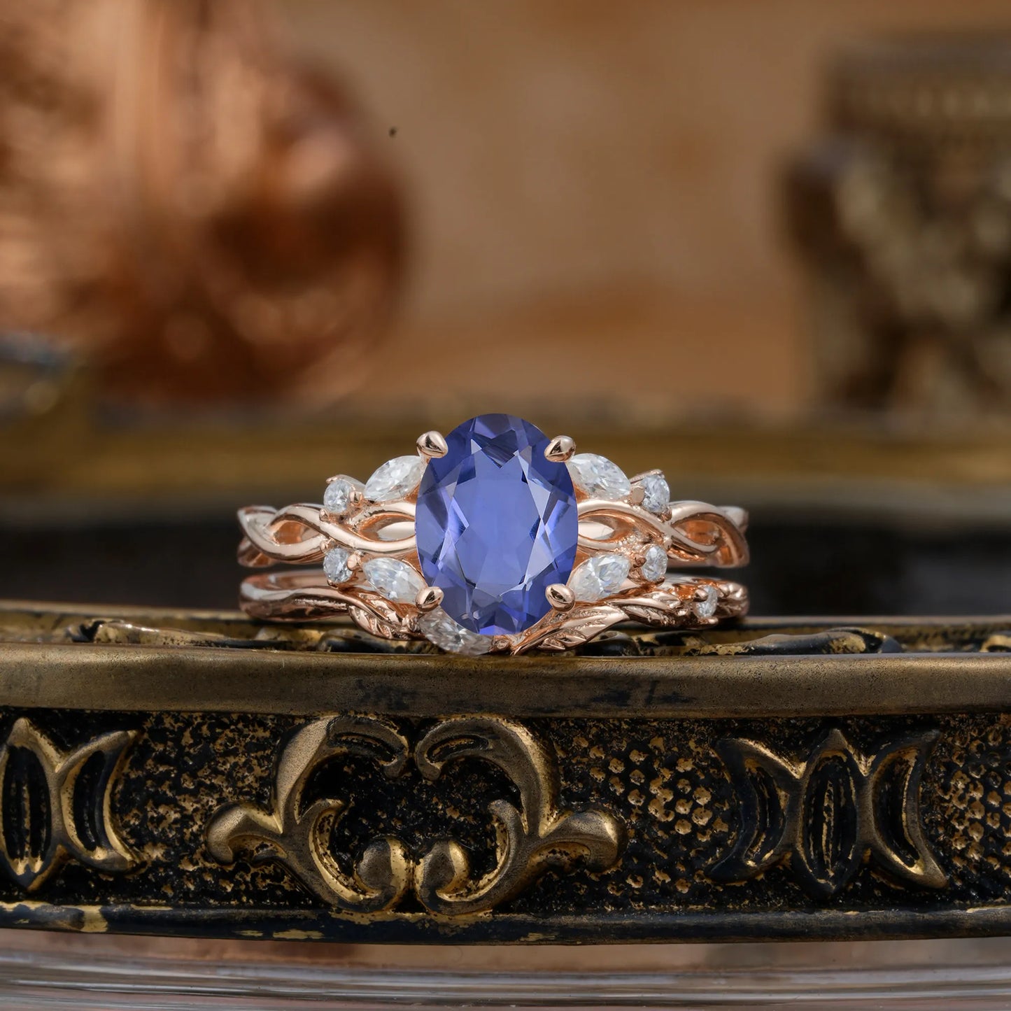 Nature-inspired 4-Prong Oval Cut Tanzanite Stacking Ring