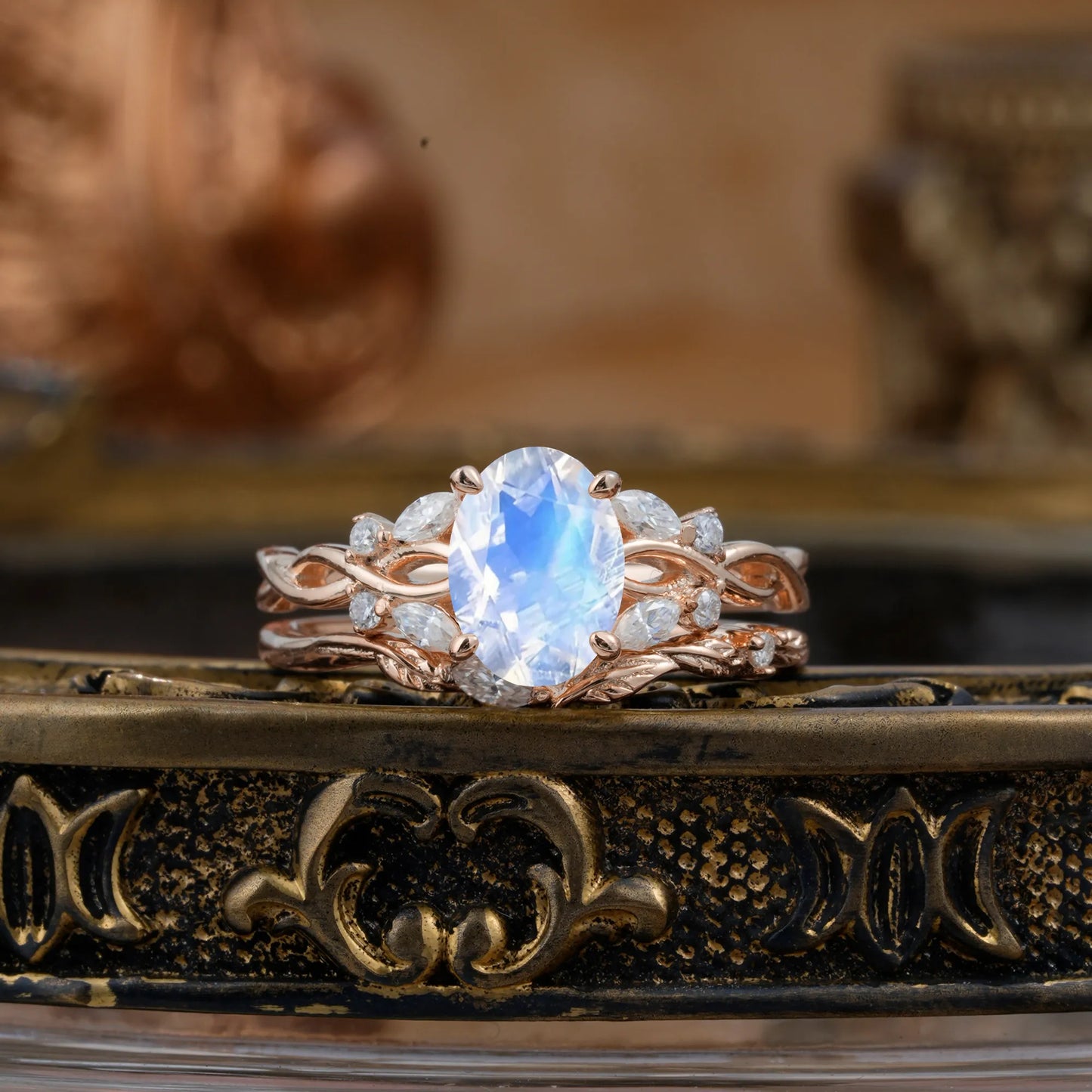 Nature-inspired 4-Prong Oval Cut Moonstone Stacking Ring