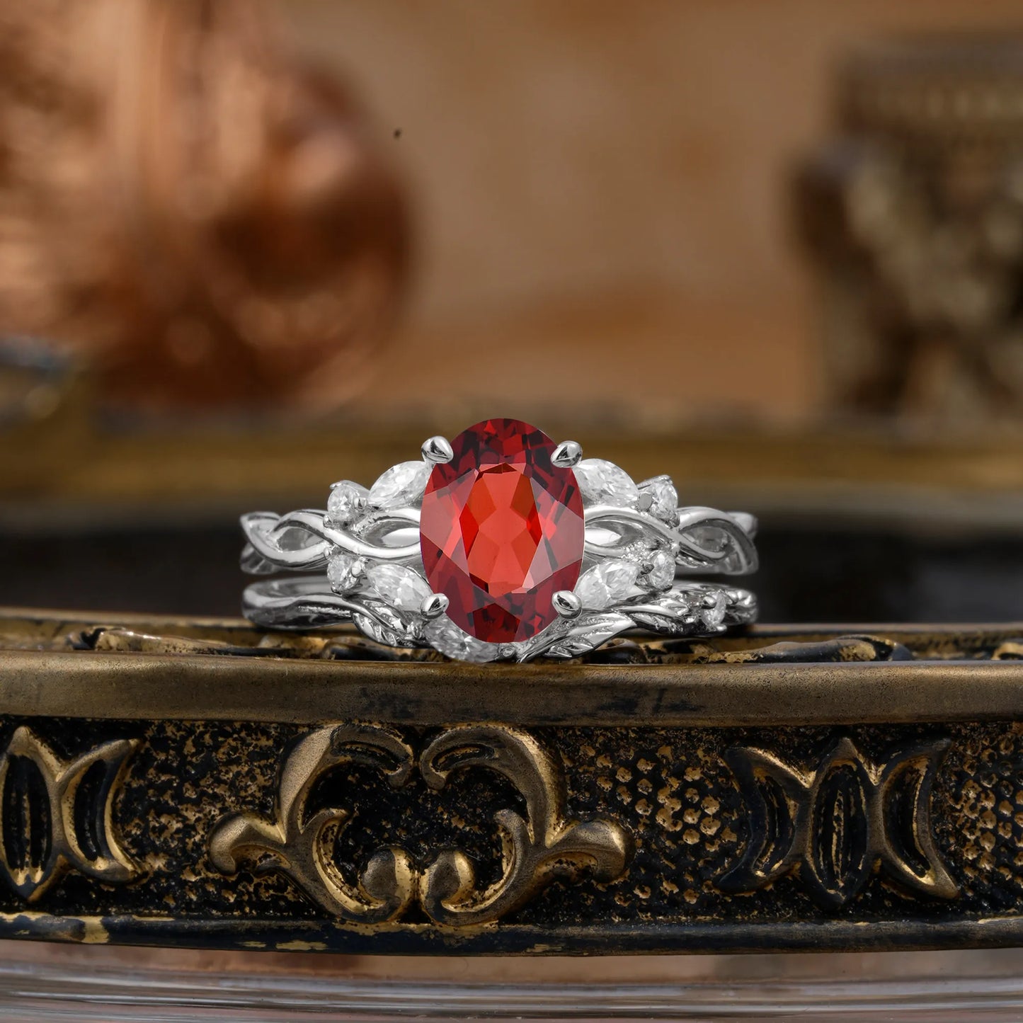 Nature-inspired 4-Prong Oval Cut Garnet Stacking Ring