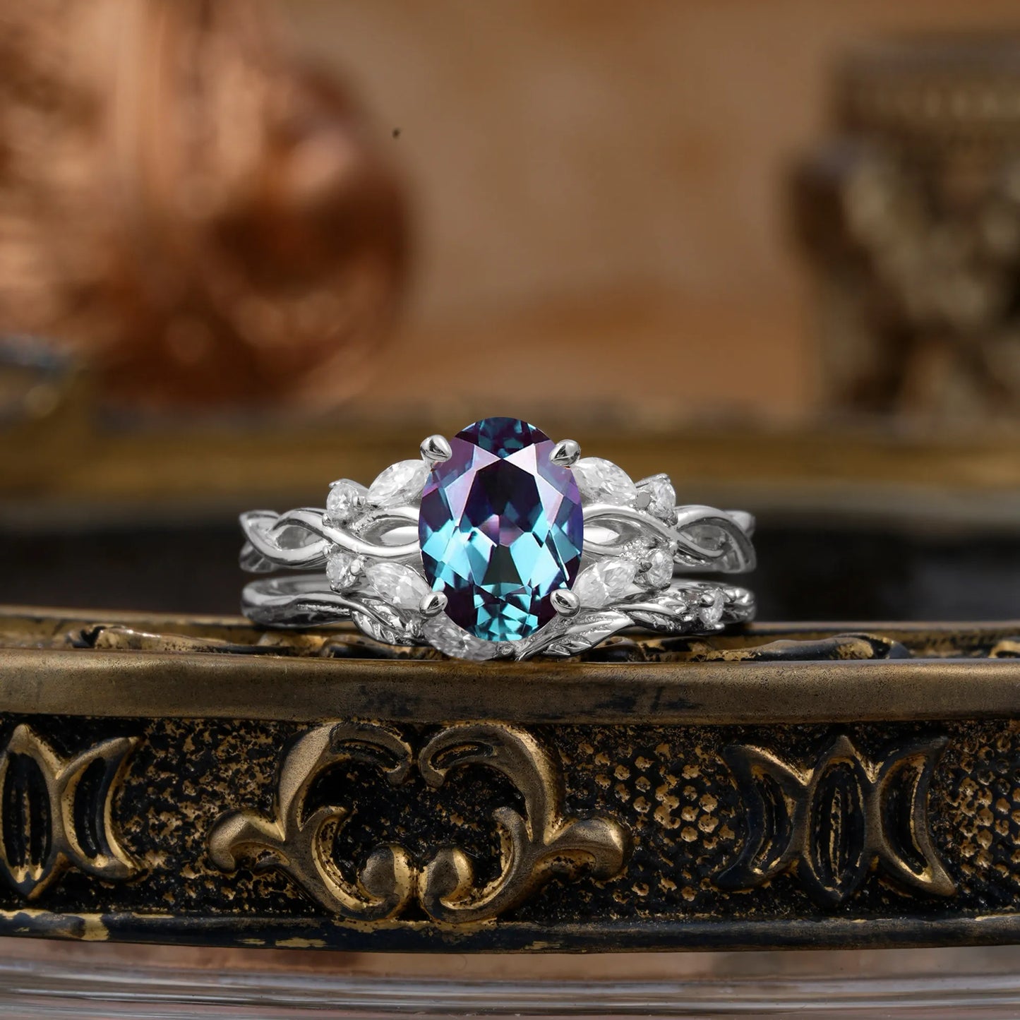 Nature-inspired 4-Prong Oval Cut Alexandrite Stacking Ring