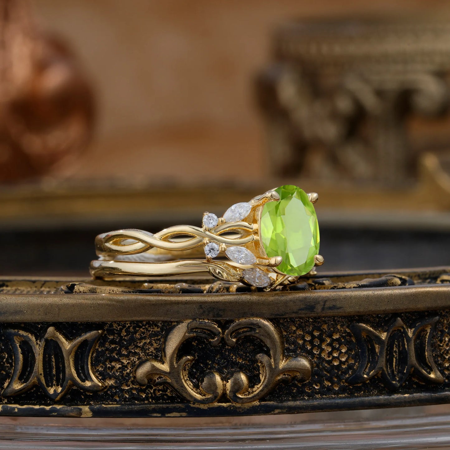Nature-inspired 4-Prong Oval Cut Peridot Stacking Ring