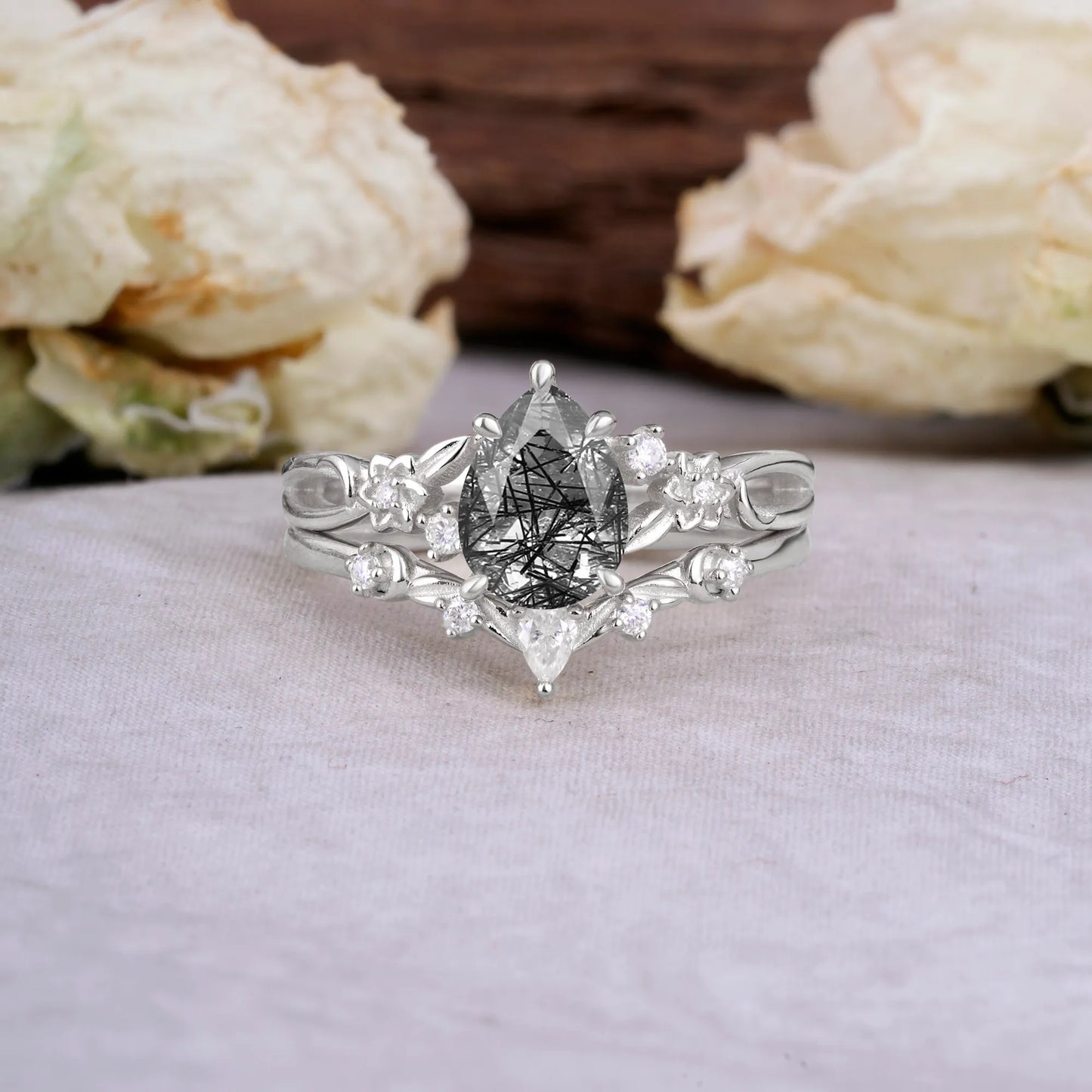 Art Nouveau 5-Prong Pear Cut Black Rutilated Quartz Ring