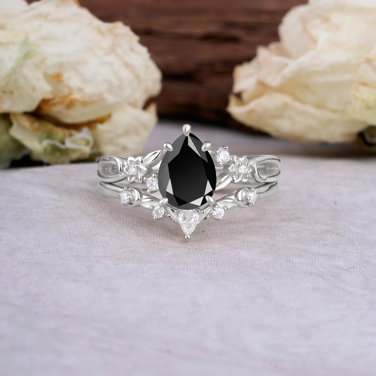 Art Nouveau 5-Prong Pear Cut Black Onyx Ring