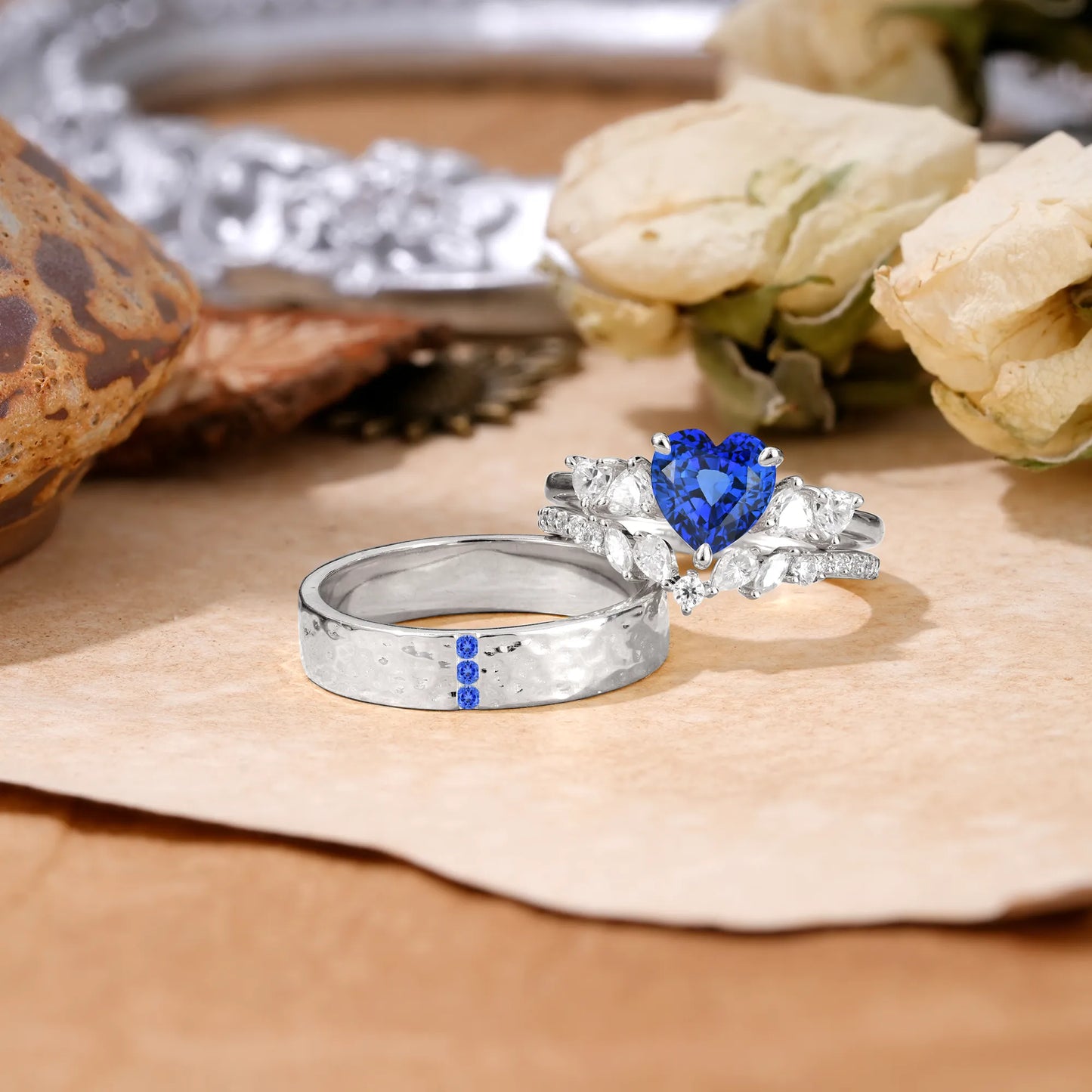 Luxurious 3-Prong Heart-Cut Sapphire Engagement Couple Rings