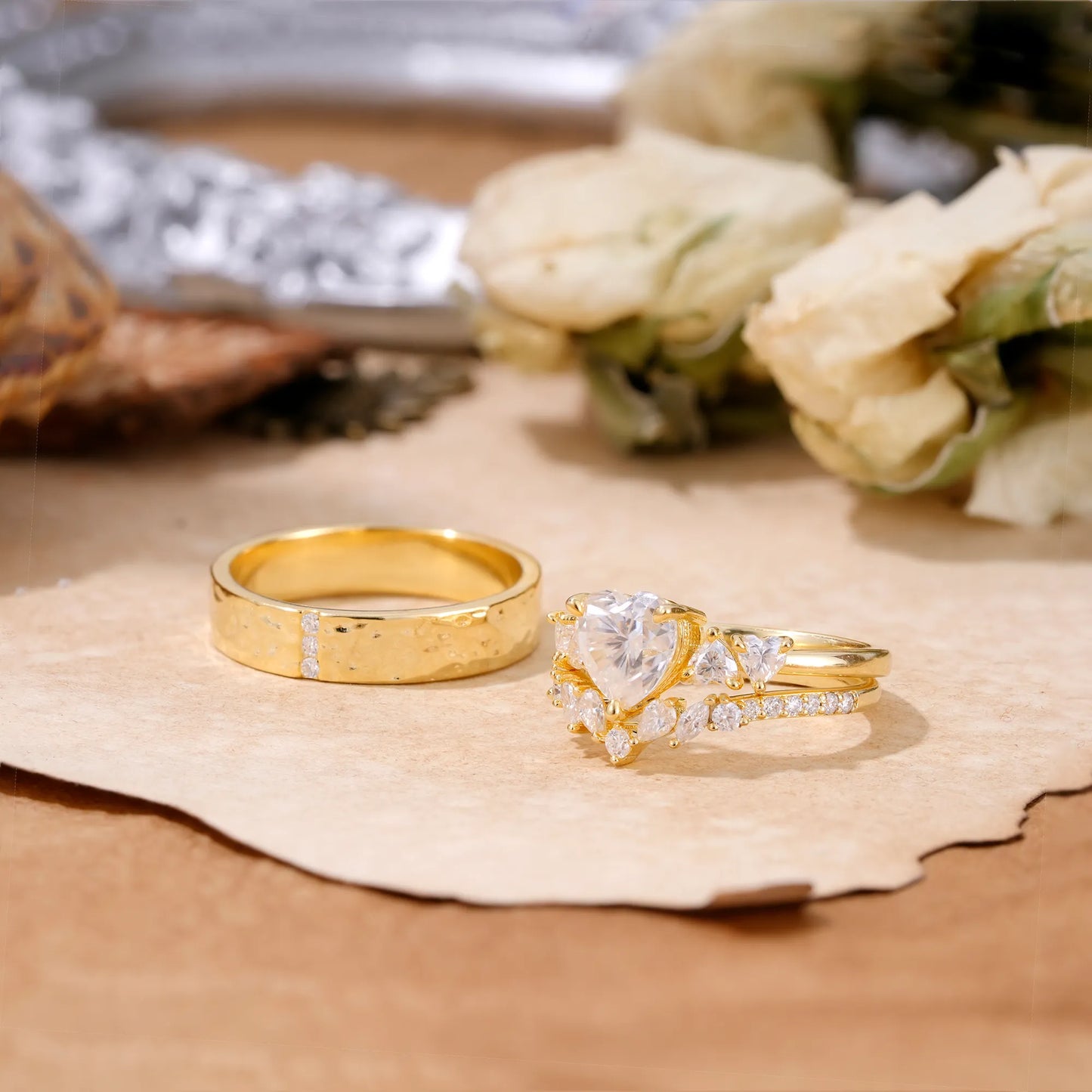 Luxurious 3-Prong Heart-Cut Moissanite Engagement Couple Rings