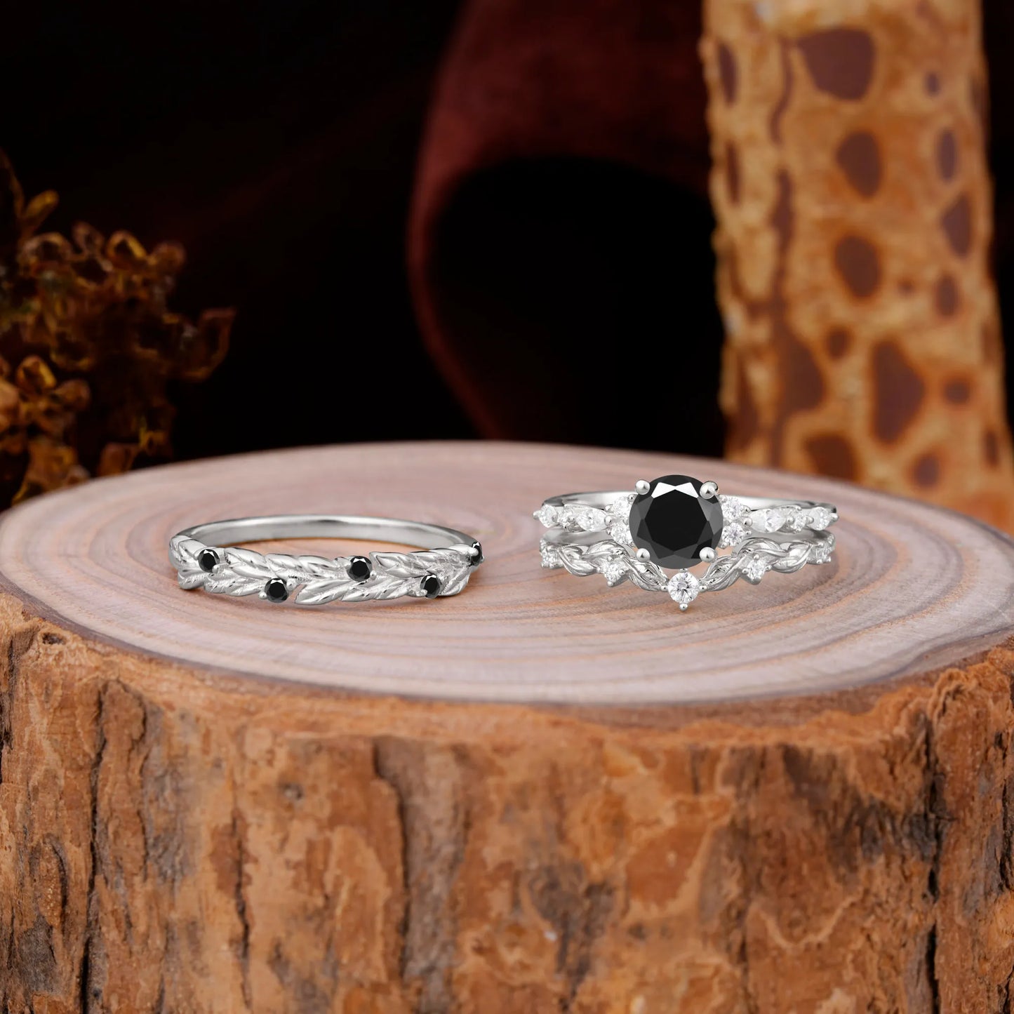 Elegant Leaf Motif Black Onyx Promise Rings for Couples