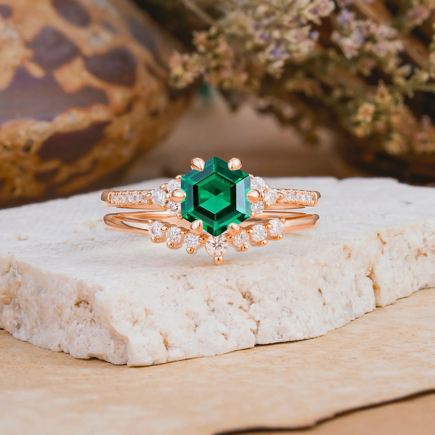 Classic 6-Prong Hexagonal-Cut Emerald Engagement Ring Set