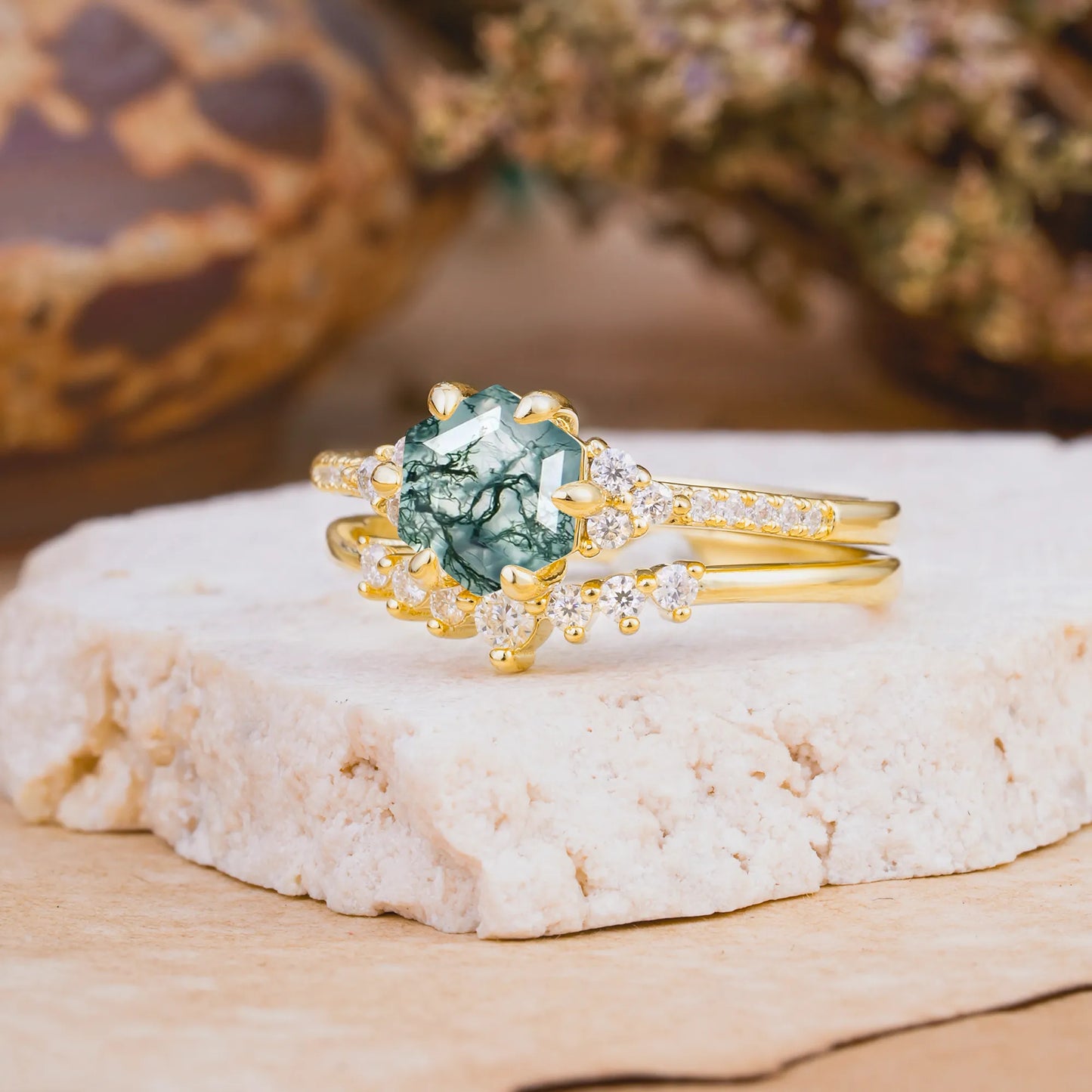 Classic 6-Prong Hexagonal-Cut Moss Agate Engagement Ring Set