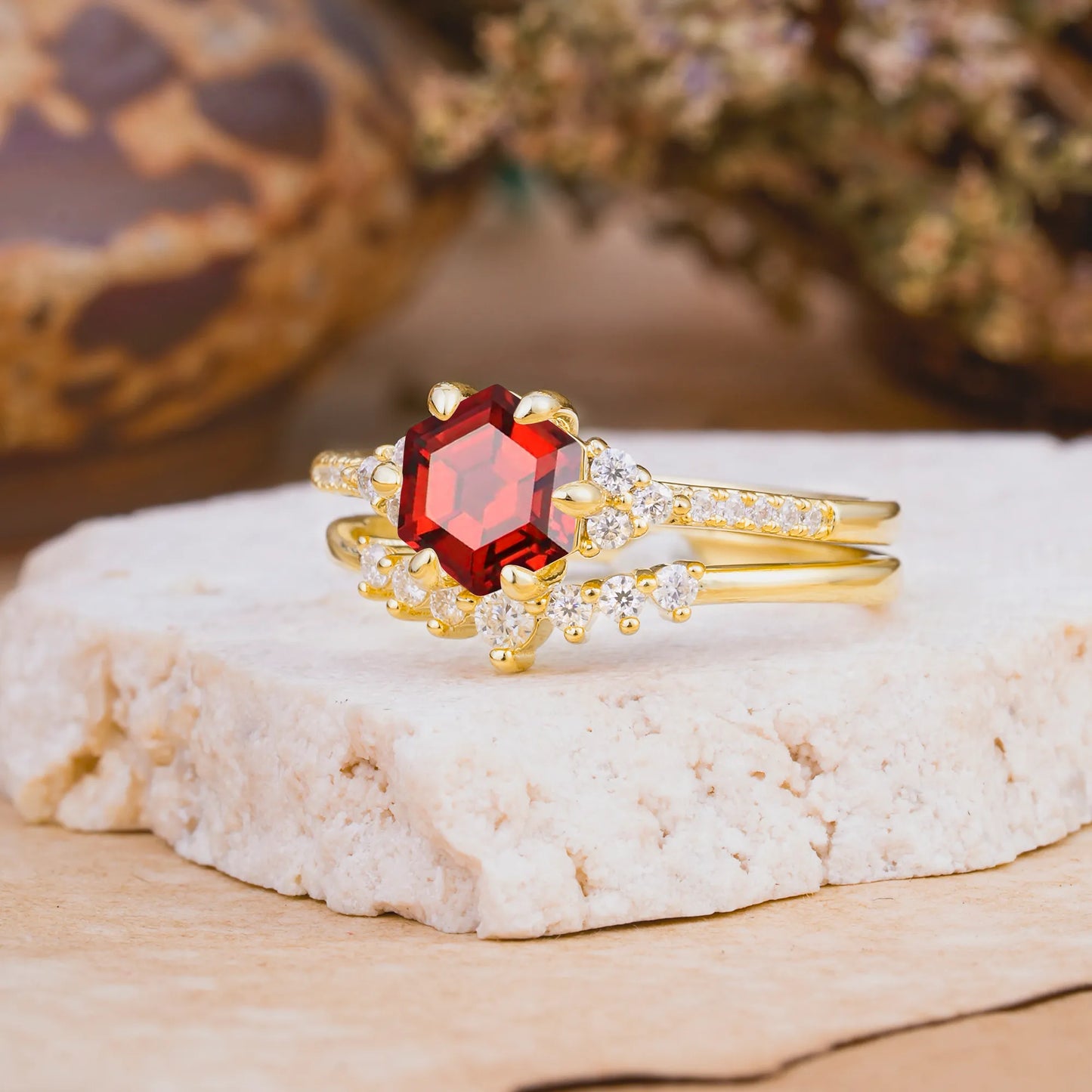 Classic 6-Prong Hexagonal-Cut Garnet Engagement Ring Set