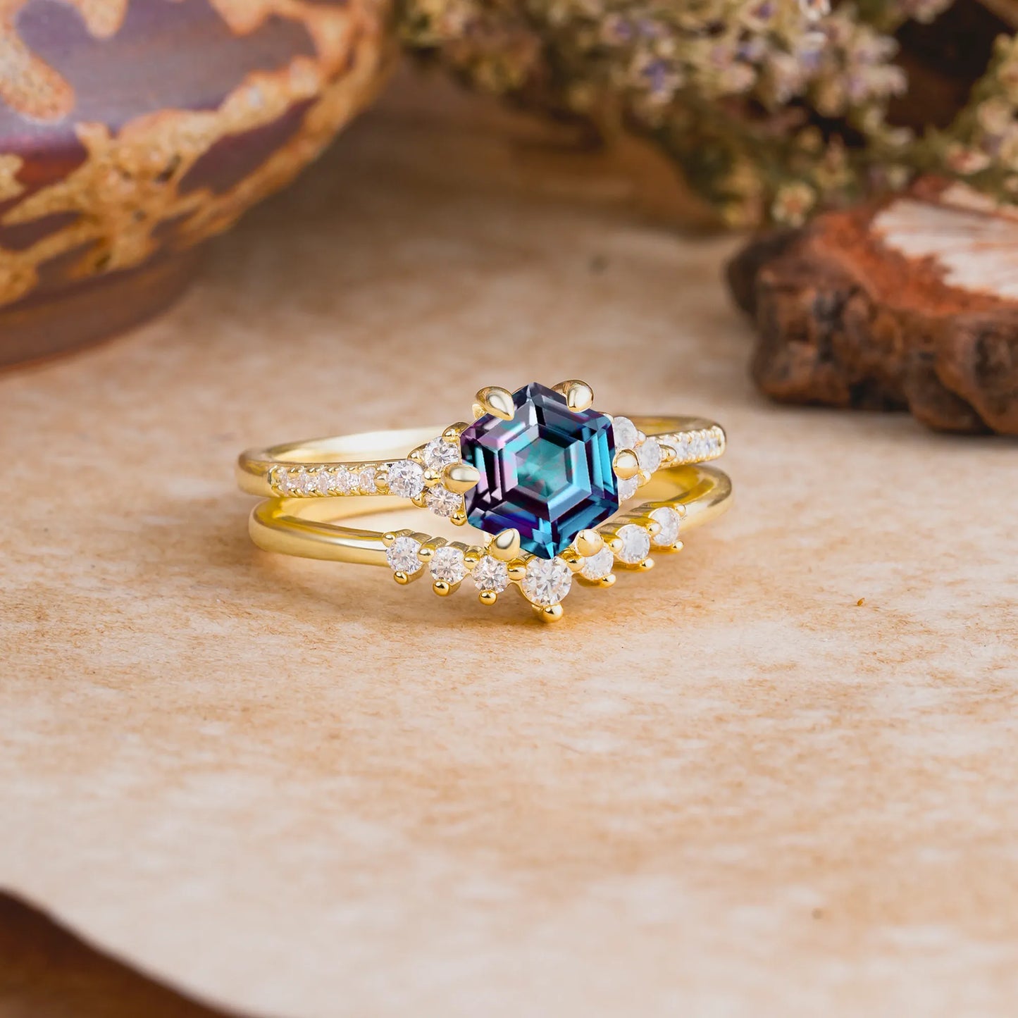Classic 6-Prong Hexagonal-Cut Alexandrite Engagement Ring Set