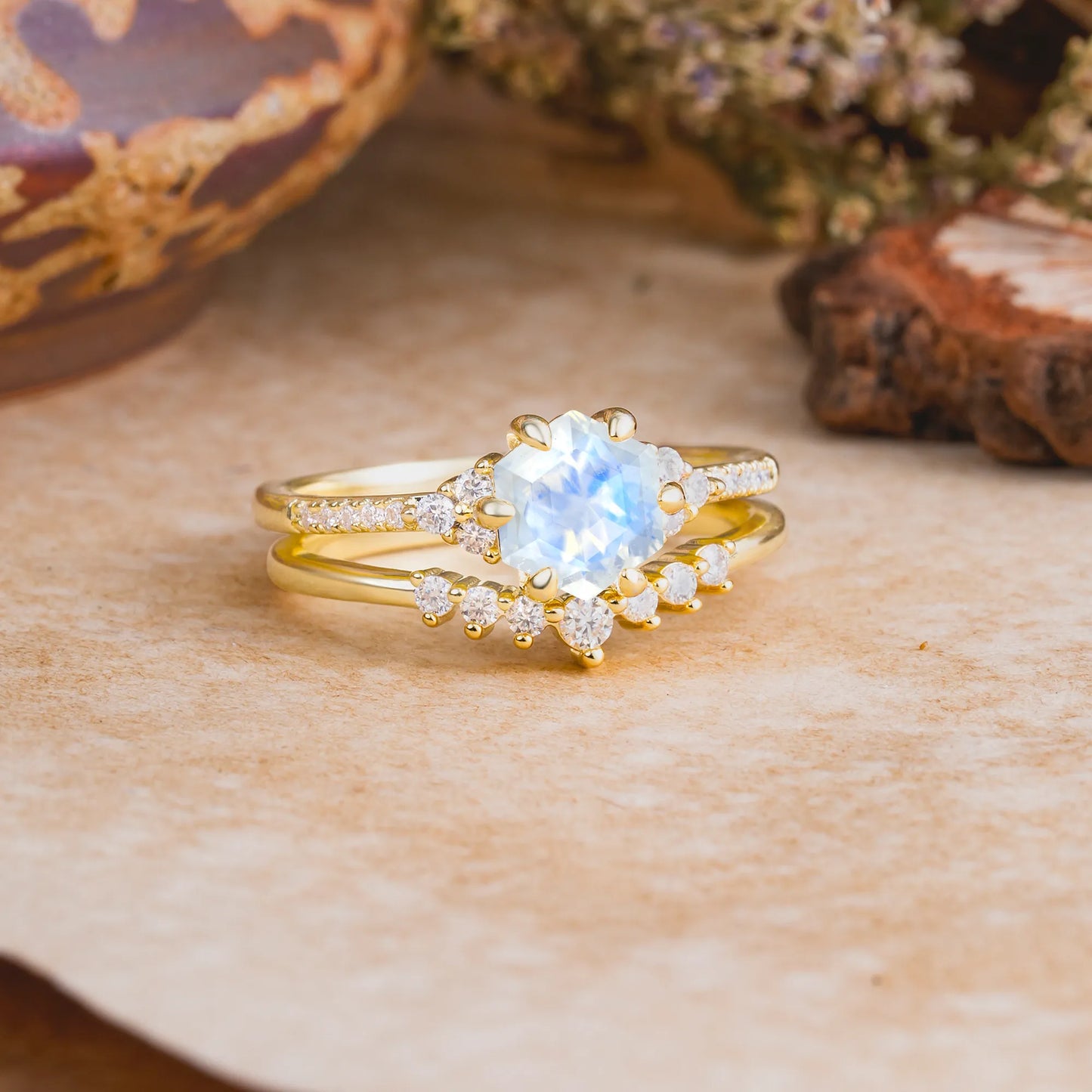 Classic 6-Prong Hexagonal-Cut Moonstone Engagement Ring Set