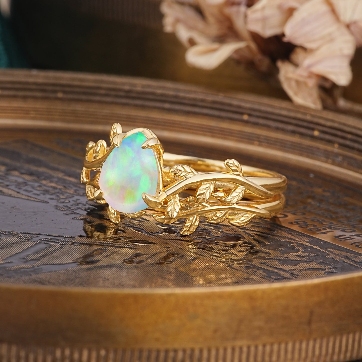 Artistic Vine Themed 4 - Prong Pear Cut Opal Bridal Ring Set