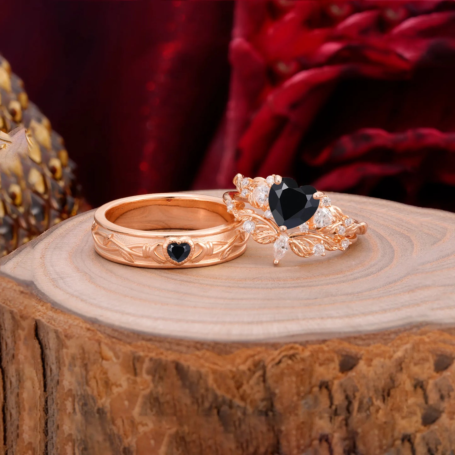Vintage Floral Vine Heart Cut Black Onyx Couple Wedding Ring Set
