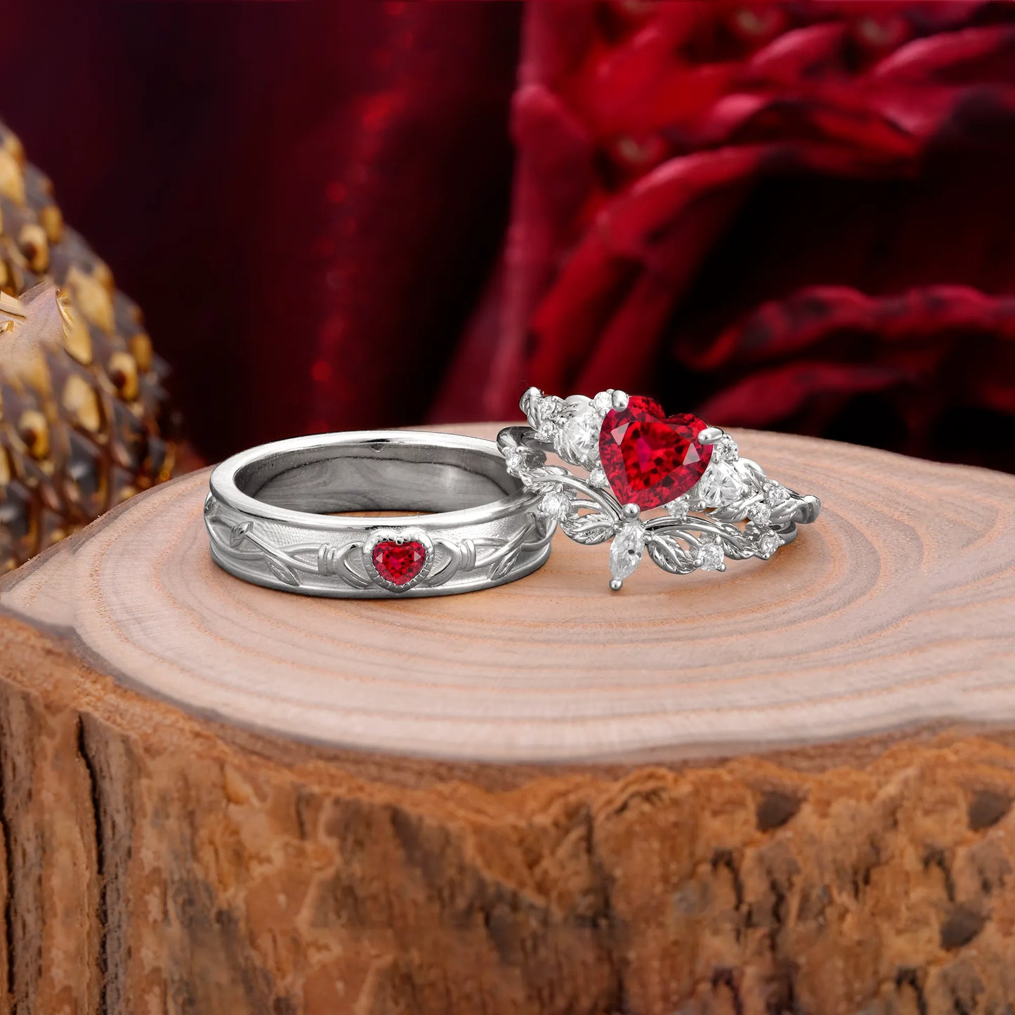 Vintage Floral Vine Heart Cut Ruby Couple Wedding Ring Set