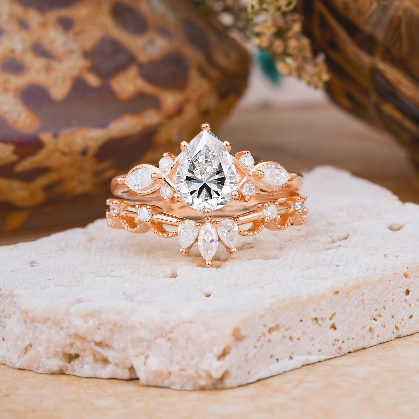 6 Prong Romantic Vine Themed Pear Cut Lab Diamond Bridal Ring Set