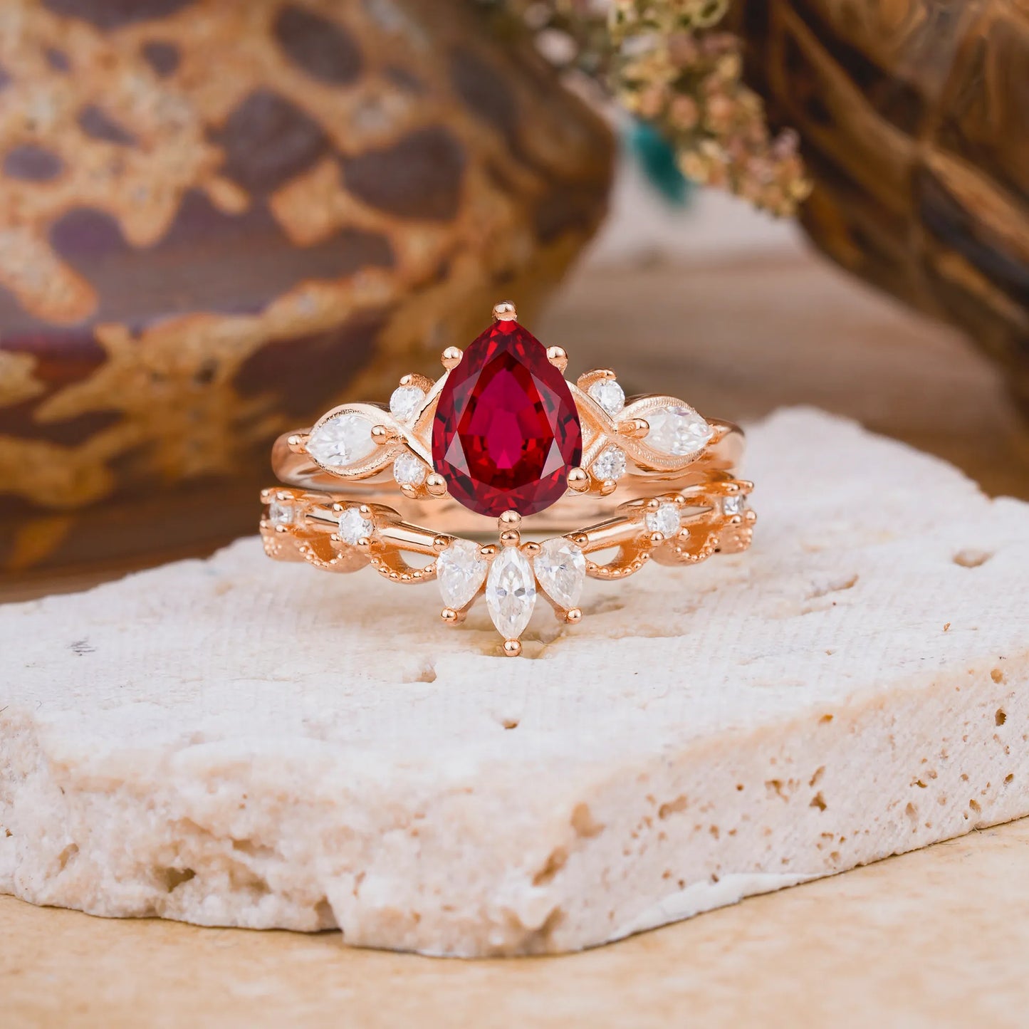 6 Prong Romantic Vine Themed Pear Cut Ruby Rings