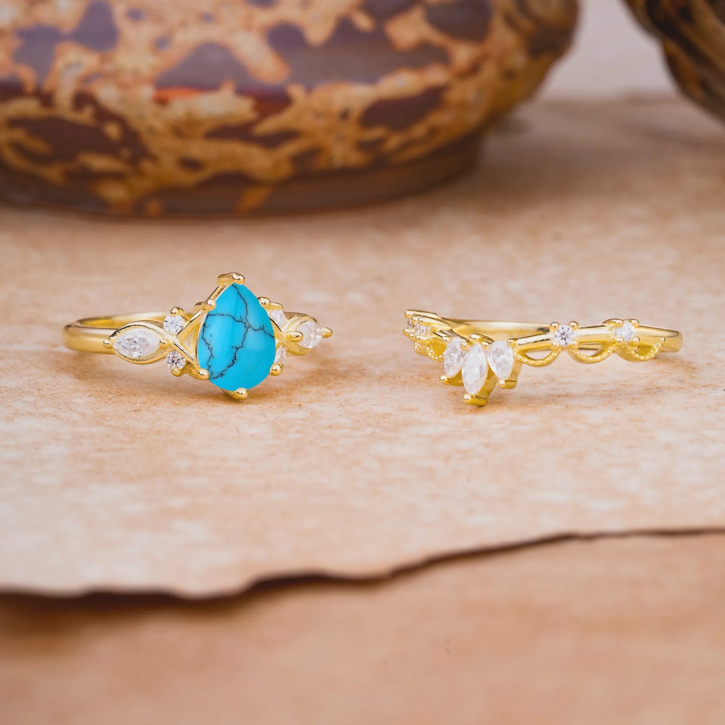 6 Prong Romantic Vine Themed Pear Cut Turquoise Rings