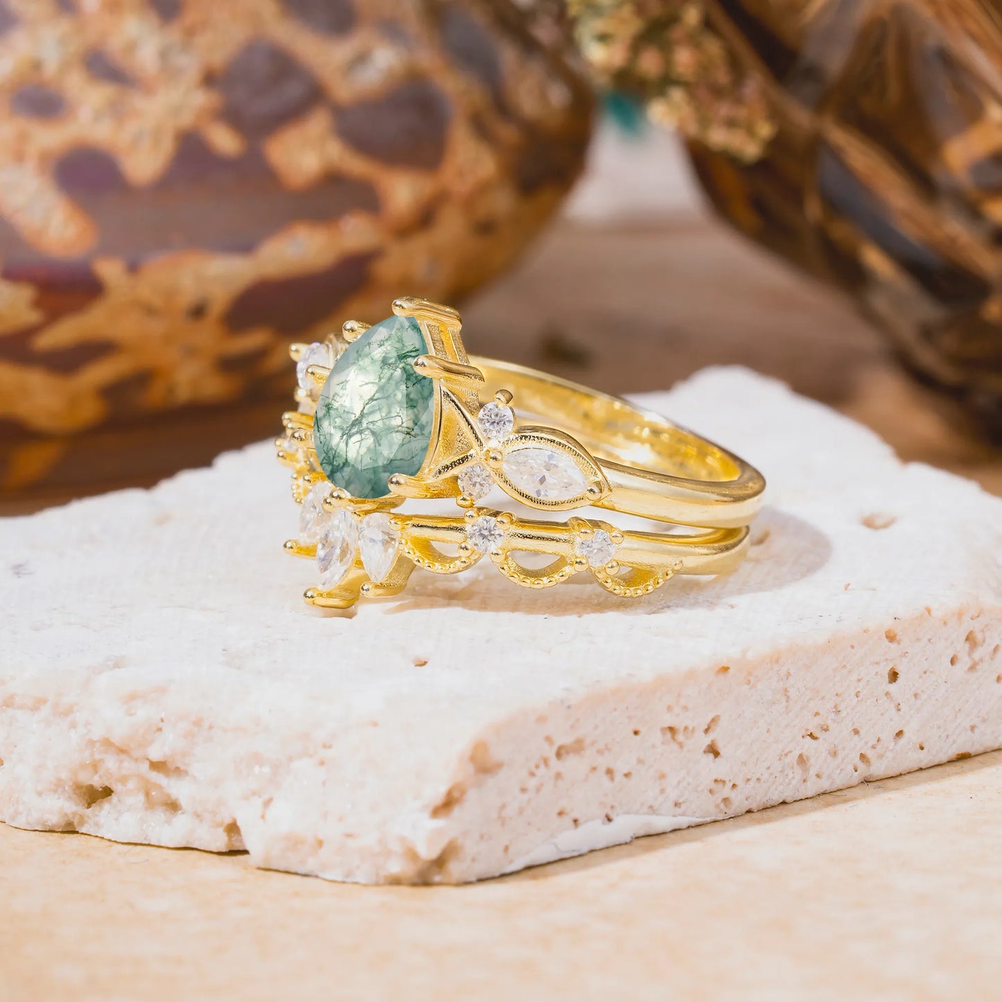 6 Prong Romantic Vine Themed Pear Cut Moss Agate Rings