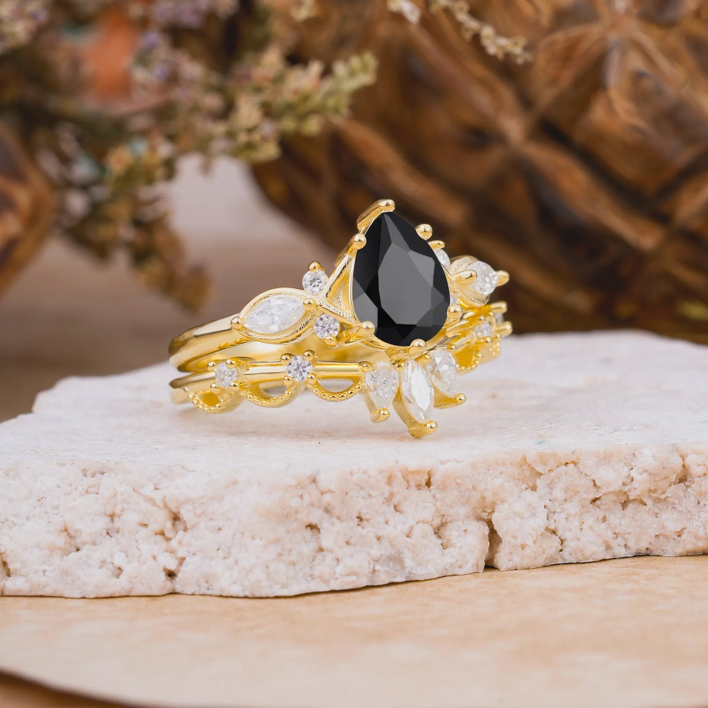 6 Prong Romantic Vine Themed Pear Cut Black Onyx Rings