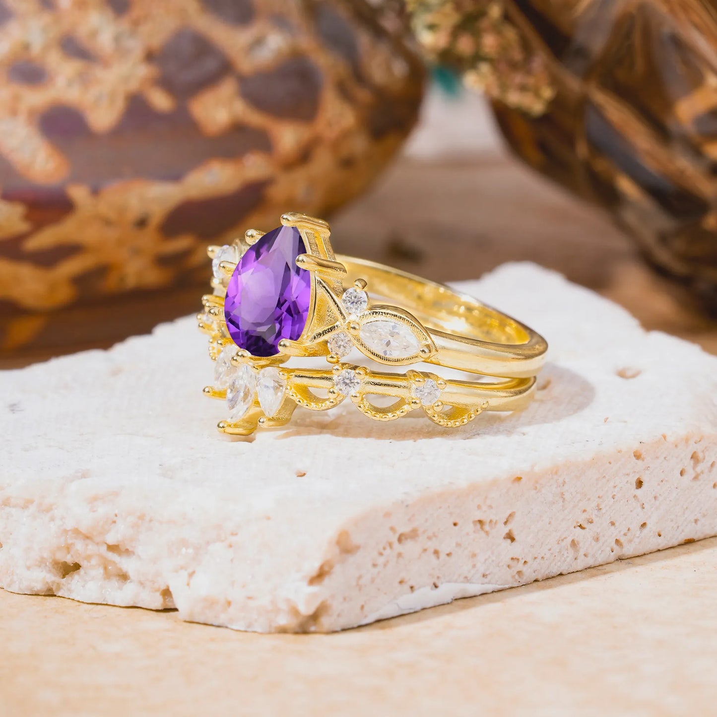 6 Prong Romantic Vine Themed Pear Cut Amethyst Rings
