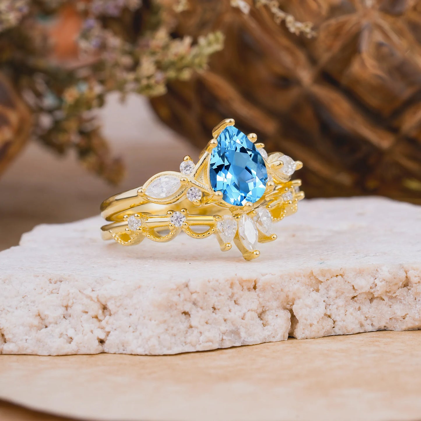 6 Prong Romantic Vine Themed Pear Cut Aquamarine Rings