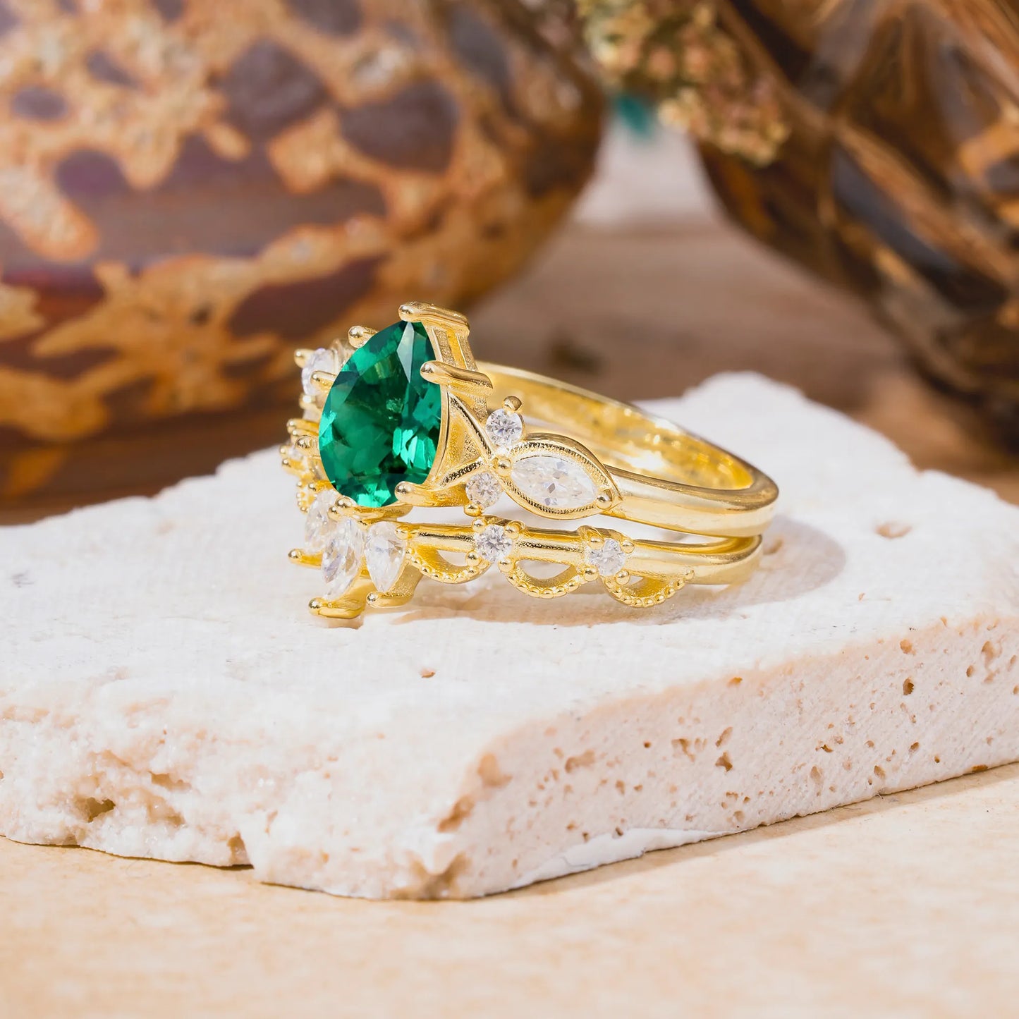6 Prong Romantic Vine Themed Pear Cut Emerald Rings