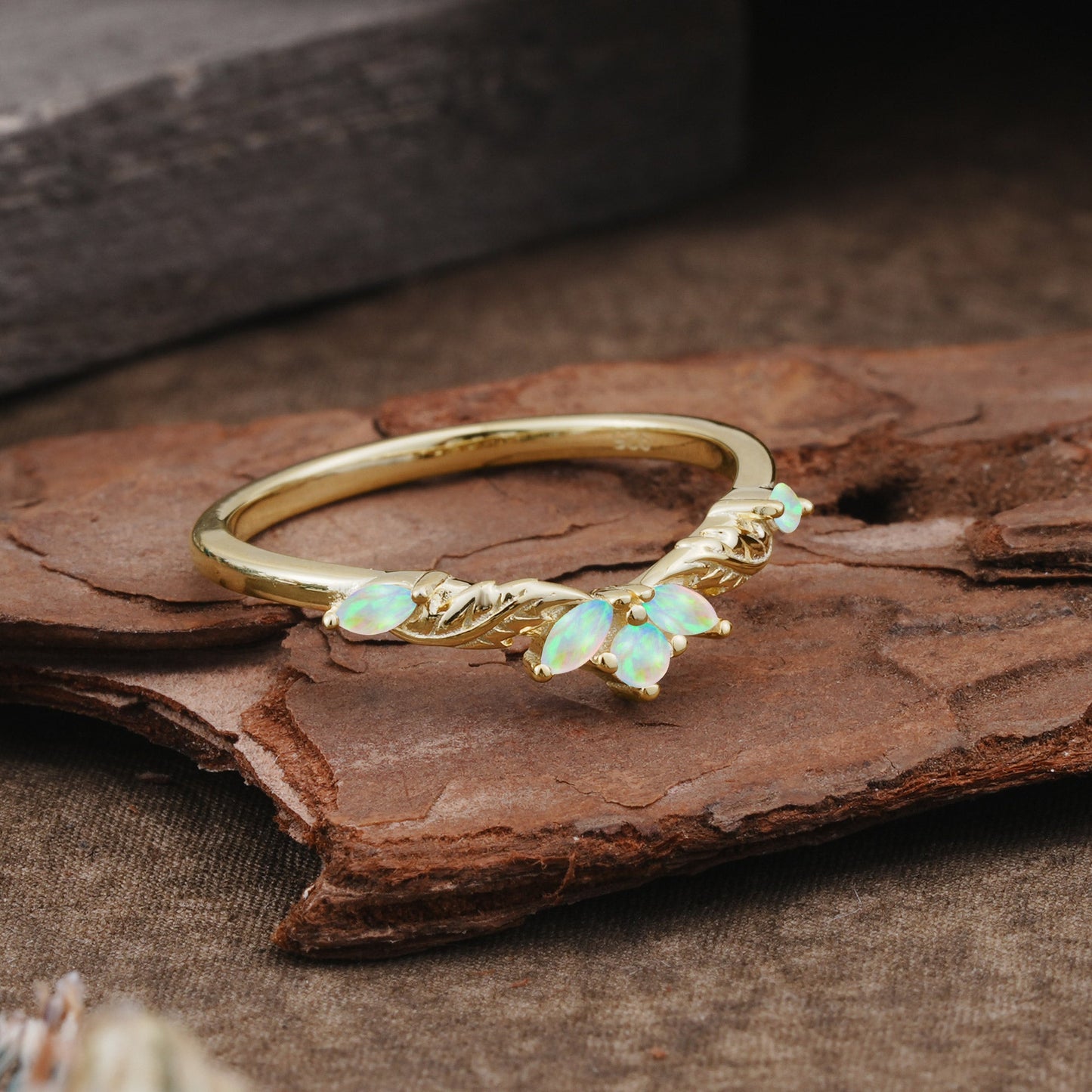 Unique Marquise Cut Curved Fire Opal Ring Wedding Ring
