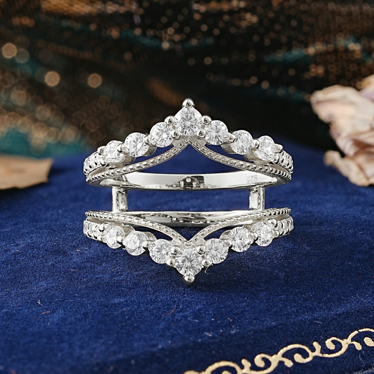 Vintage Tiara Crown Moissanite Double Row Enhancer Wedding Ring